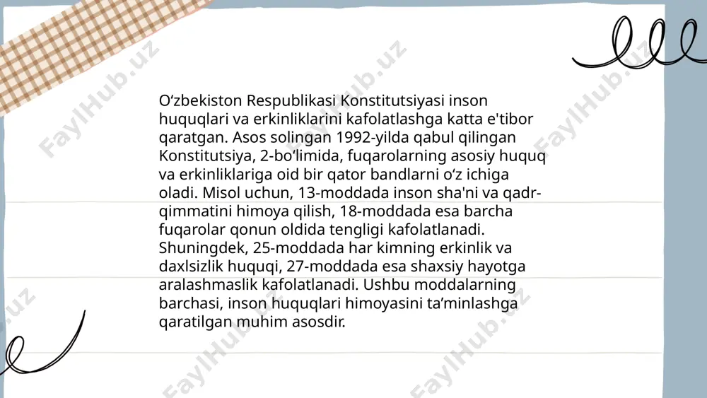 асалалари бўйича” қонун ишлаб чиқилди. болаларнг ҳуқуқлари муҳофазаси борасида ихтисослашган миллий ва халқаро ташкилотлар фаолият юритмоқда, жумладан, юнисеф. инсон ҳуқуқлари бўйича миллий марказ болалар ҳуқуқларини таъминлашга элкадошлик қилади. ... t.me/slaydai_bot ўзбекистон инсон ҳуқуқлари бўйича бир қанча халқаро шартномаларга қўшилган. мамлакат 1995 йилда инсон ҳуқуқлари умумжаҳон декларациясини ратификация қилди. шунингдек, 1966 йилдаги фуқаролик ва сиёсий ҳуқуқлар тўғрисидаги халқаро пакт ва иқтисодий, ижтимоий ва маданий ҳуқуқлар тўғрисидаги халқаро пактларга ҳам қўшилган. бундан ташқари, 1989 йилдаги болалар ҳуқуқлари тўғрисидаги конвенция ва 1979 йилдаги аёлларга нисбатан камситишнинг барча шаклларини бартараф этиш тўғрисидаги конвенцияларга ҳам аъзо. ўзбекистон ўз зиммасига олган халқаро мажбуриятларни бажаришга ҳаракат қилмоқда. ... t.me/slaydai_bot 10. инсон ҳуқуқлари ва жамоат хавфсизлиги муаммолари инсон ҳуқуқлари ва жамоат хавфсизлиги муаммолари дунёда муҳим аҳамиятга эга. бмтга кўра, ҳар йили 163 миллиондан ортиқ одил судловга қўшилолмайдиган инсон бор. 2022 йилда дунё бўйлаб 79% инцидентларда жамоат хавфсизлиги муаммолари қайд этилди. айни пайтда 110 дан зиёд давлатда 2.5 миллиондан …