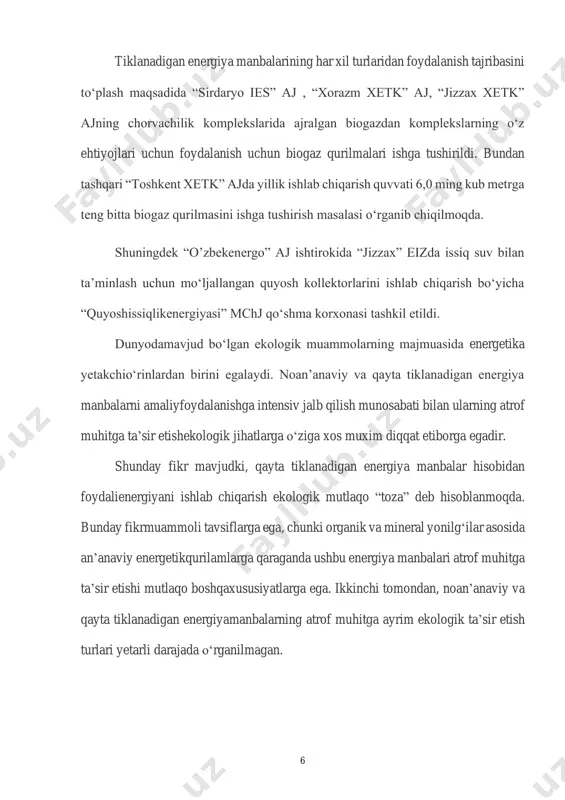 i о‘t bosib ketishi va suvda о‘sadigan о‘simlarning (shu jumladan, zaxarli kо‘k-yashil о‘simliklar) о‘sishi keskinlashadi. ushbusabalardan, hamda suvning yangilanishi sekinlanish oqibatda uning о‘z-о‘zidan tozalanish qobiliyati pasayadi. suvning sifati yomonlanishida kо‘pchilik jonliklarning yо‘qolishiga olib keladi. baliqlar kasallanishi (ayniqsa gelmintlar bilan yuqtirishi) kо‘payadi. baliqlarning migratsiya yо‘llari buziladi, yem-xashak va nerest joylarning yemirilishi sodir bо‘ladi. daryo tizimlarni suv omborlar bilan bekilishi oqibatda ular tranzitli bо‘lmay, tranzitliakkumulyativlarga aylanadi. biogen moddalardan tashqari, bu yerda og‘ir metallar, radioaktiv elementlar va uzoq yashash muddatiga ega bо‘lgan turli xil zaxarli kimyoviy moddalar akkumulyatsiyalanadi. suv omborlarni bartaraf etilgandan keyin egalangan yerlarni qaytadan foydalanish imkoniyati akkumulyatsiyalangan mahsulotlar sababli bu narsa muammoli masala bо‘lib qoladi. gidroresurslar hisobidan olinadigan energiya nisbatan arzon bо‘lganligiga qaramastan, energetik balansda uning ulushi asta-sekin kamaib bormoqda. bu narsa eng arzon resurslarning tugatilishi, hamda yalang joylardagi suv omborlarning katta yer 10 maydonlarni egallashi bilan bog‘langan. kelgusida geslarda dunyoda energiyani ishlab chiqarish umumiy energiyadan 5%-dan oshmaydi. suv omborlar sezilarli …