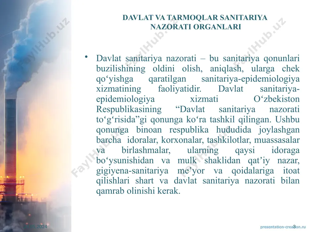 kasaba uyushmalari qoʻmitalarining qoshida jamoa sanitariya nazorati tashkil qilinadi. jamoa sanitariya nazorati joylarida davlat va tarmoqlar seslari bilan hamkorlikda faoliyat yuritadi. 24.05.2024 ‹#› ogohlantiruvchi davlat sanitariya nazorati va uning maqadi ovqatlanish sohasida sanitariya-epidemiologiya nazorati korxona binosi loyihasini tuzishdan foydalanishga topshirguncha va ish faoliyati davrida ham amalga oshiriladi. joylardagi sanitariya-epidemiologiya organlarining xulosasisiz yangi qurilgan, rekonstruksiya qilingan yoki boshqa binolarda joylashgan ovqatlanish korxonalarining birontasiga ham faoliyat yuritishga ruxsat berilmaydi. 24.05.2024 ‹#› oʻtkazish vaqtiga va maqsadiga qarab davlat sanitariya nazorati ikki xilga boʻlinadi (chizma 3). chizma 3. davlat sanitariya nazorati turlari. oldini oluvchi, yaʼni ogohlantiruvchi davlat sanitariya nazorati davlat sanitariya nazorati joriy sanitariya nazorati 24.05.2024 ‹#› har bir nazorat turining oldiga aniq maqsad qoʻyiladi. masalan, oldini oluvchi, yaʼni ogohlantiruvchi sanitariya nazoratining maqsadi sanitariya-epidemiologiya meʼyor va qoidalariga javob beradigan ovqatlanish korxonasini ishga tushirishga tayyorlash va unda isteʼmolchi hayoti, sogʻligi, mol-mulkiga hamda atrof-muhit uchun bezarar ovqatlanish mahsulotlarini ishlab chiqarish uchun dastlab sharoit yaratishdan iborat. shu …