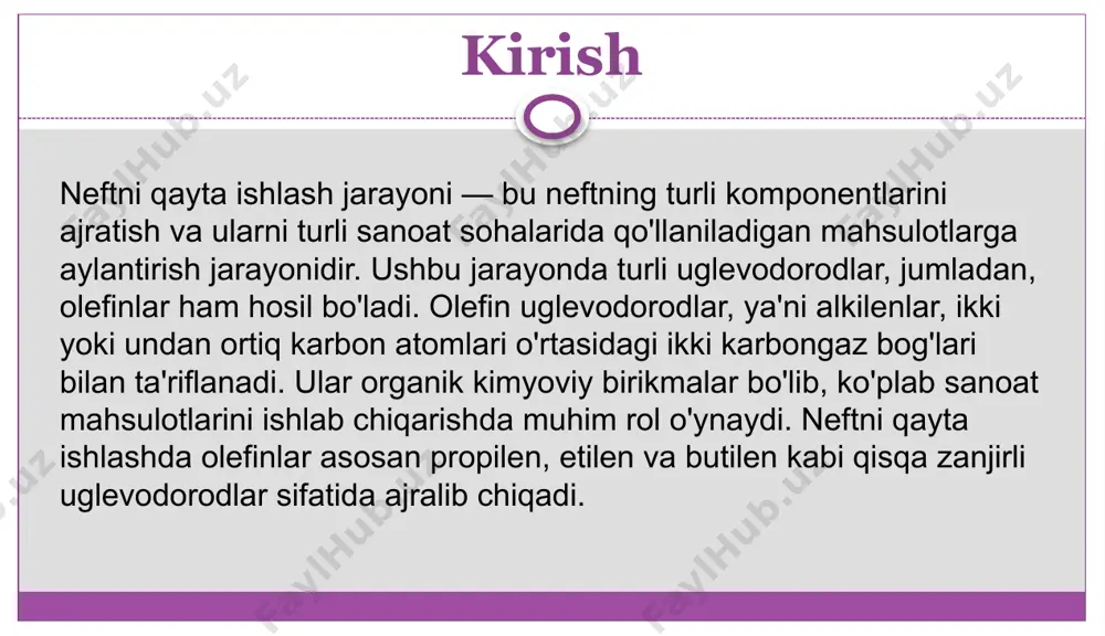 tilen va propylen ishlab chiqariladi. xulosa: neftni qayta ishlashda hosil bo'ladigan olefinlar, nafaqat energetika va neft sanoati uchun, balki kimyo sanoatining rivojlanishi uchun ham juda muhimdir. etilen, propylen, butadien va boshqa olefinlar plastiklar, sintetik kauchuklar, va boshqa sanoat mahsulotlarini ishlab chiqarish uchun asosiy xom ashyo hisoblanadi. shuningdek, bu olefinlar ekologik toza va energiya samaradorligi yuqori mahsulotlarni ishlab chiqarish jarayonlarida foydalaniladi. adabiyotlar 1. sahlberg, p. (2011). finnish lessons: what can the world learn from educational change in finland? teachers college press. 2. oecd. (2019). pisa 2018 results: what students know and can do (volume i). oecd publishing. 3. hargreaves, a., & shirley, d. (2009). the fourth way: the inspiring future for educational change. corwin press e’tiboringiz uchun raxmat image3.png image4.jpeg image5.jpeg image6.jpeg image7.jpeg image8.jpeg image9.jpeg image10.jpeg image11.jpeg image12.jpeg image13.png /docprops/thumbnail.jpeg
