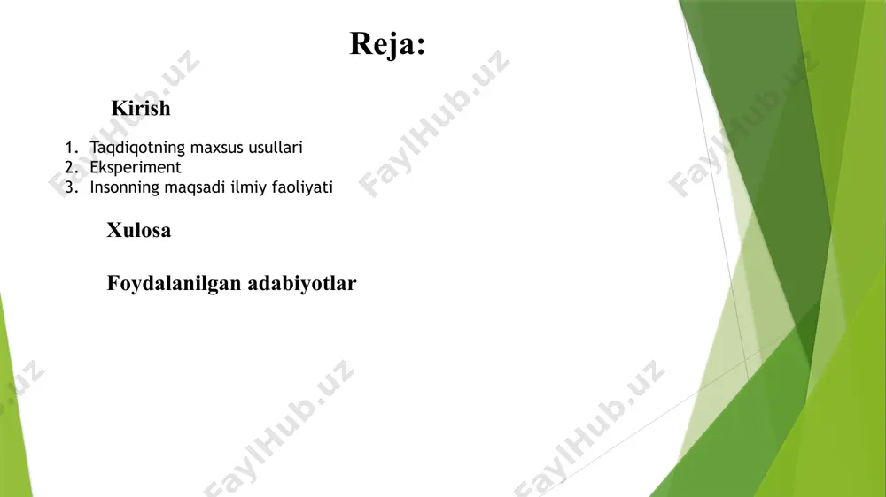 hodisalarni sezgipredmet faoliyati bilan tadqiq qilish, oʻrganish. kuzatishga qaraganda yuksakroq bilish usuli. mohiyateʼtibori bilan tajriba tushunchasini ifodalasada, eksperiment fanga nisbatan ishlatiladi. eksperiment zarur shartsharoit yaratishni, turli vositalar bilan obʼyektni qayd etishni yoki hodisani sunʼiy ravishda yuzaga keltirishni, tegishli texnika va moslamalarni tatbiq etish va oʻlchash ishini oʻz ichiga oladi. eksperiment bilish obʼyektini takror hosil qiladi, farazlarni tekshiradi. eksperiment insonning obʼyektga moddiy taʼsir koʻrsatishiga, voqelikni amaliy oʻzlashtirishiga, bilimlarni boyitish va rivojlantirishga yordam beradi. tabiiy va texnika fanlarida e.dan haqiqatni bilish va uni isbotlash vositasi sifatida foydalaniladi. eksperiment ijtimoiy hodisalarni, xususan, ijtimoiy fanlarni tadqiq etishda ham keng qoʻllaniladi. insonning maqsadi ilmiy faoliyati faoliyat — kishilarning tashqi olamga faol munosabati shakli, insonning oʻzini oʻzi maqsadga muvofiq tarzda oʻzgartirish usuli, inson borligʻining muhim xususiyatlaridan biri. faqat f. zamiridagina inson mohiyati namoyon boʻlishi, jamiyatning, har qanday ijtimoiy tuzilmaning mavjudligi taʼminlanishi mumkin. maqsad (falsafada) — inson amaliy faoliyatining avvaldan fikran oʻylangan natijasi. maqsad insonlarga xos boʻlib, …