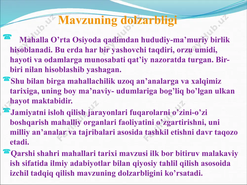 an ziyod mahallalar faoliyat yuritayotganligi bayon qilindi; hozirgi qarshi shahri hududida qovchin, barlos, arlot, uyrot,mo’g’ul, qarluq kabi etnikqavmlar yashaganliklari manbalar asosida yoritb berildi; mahallalardagi hunarmandchilik va uning turlari, bozorlar, savdo-sotiq hamda yo’lga quyilgan tijorat ishlari umumlashtirilib tahlil qilindi; mahallalardagi aholining urf-odatlar, udumlar va marosimlar, milliy o’yinlar va an’analarni o’rganilib tahlil qilindi. ushbu ishdan vatan tarixini o’qitishda, kurs ishlari,mustaqil ishlar tayyorlashda,shu bilan birga o’rta maktablar,kasb-hunar kollejlarida tarix fani darslarida ma’ruza matnlari tayorlashda qo’shimcha manba sifatida foydalanish mumkin. i qarshi shahri mahallalari tarixi va aholisinig shakllanish jarayoni mahalla-o’zbekistonning muyantarixiysharoitlarida, asrlar davomida shakllanib, faoliyatko’rsatayotgan,aholi yashaydugan ma’muriy-hududiy birlikmaskanidir. xx asrning boshlariga kelib qarshi shahrida murdasho’y, boyguzari, holvogar,eronguzar, qozixona, temirchi, uymovut, xitoy, qo’rg’oncha, zog’za,buzrobot, beshgumbaz, ko’kcha, zargar singari mahallalar faoliyat yurutgan. qadimshunos s.kabanov bolo shahrini erqo’rg’on xarobalari bilantenglashtiradi. tarixchilarning ta’kidlashicha, erqo’rg’on mil.avv.vi asrda ancha kengayib shaxar tusiga kitgan. qarshi vohasidagi yirik shaxarlardan biri bu nasaf shahri bo’lgan. bu shahar haqidagi ma’lumotlar arab geograflari yaqubi(ixasr), ibn …