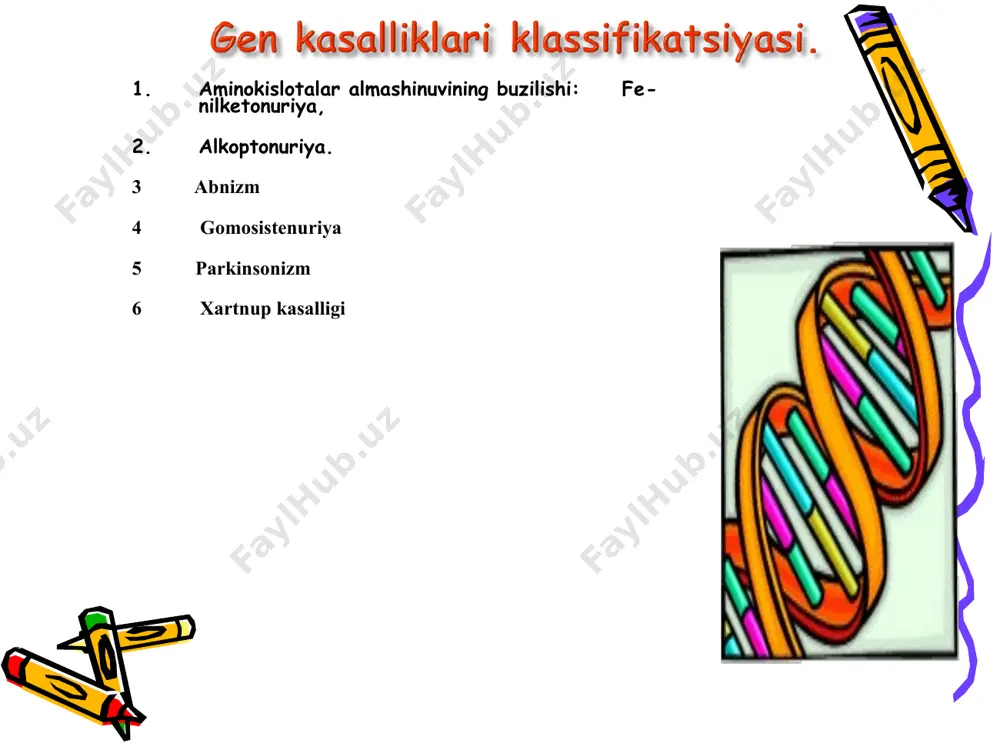 o`rinni egallab,kasal fenilalanin va tirozini ko`p bo`lgan ozuqalarni kam istemol qilishi kerak. bu kasallik tirozinni melaninga aylantiruvchi tirozinaza fermenti sintezini boshqaruvchi geninning mutatsiyaga uchrashi hisobiga sodir bo`ladi.albinizm kasalligida terida,sochda,ko`zning rangdor pardasida rang bo`lmaydi va ko`zning ko`rish qobilyati ancha susayadi. albinizm kasalligi to`liq yoki qisman paydo bo`lishi mumkin. to`liq albinizm autosomadagi retsessiv gen ishtirokida yuzaga chiqsa,qisman albinizm esa autosomadagi dominanat gen bilan yuzga chiqadi.to`liq albinizm 1:15000,qisman albinizm 1:200000nisbatda uchraydi to`liq albinizm teri va sochda pigment bo`lmaganligi uchun teri va soch oq bo`ladi,ko`zning rangdor pardasida rang bol`maganligi uchun qon tomirlar ko`rinib turadi va shuning uchun ko`z qizil rangda bo`ladi.qisman albinizmda terining ayrim joylaridagi oq dof`lar kuzatiladi. ayrim holatlarda soch oq bo`lib teri va ko`z pigmentli bo`ladi faqat ko`zda pigmentning bol`masligi kuzatiladi.b unday kishilarga yorug`lik tez ta`sir qiladi.ayrim holatlarda albinizm kasalligida eshitmaslik va ayrim a`zolar rivojlanishida qator kamchiliklar kuzatiladi.aqshda t`oliq albinizmli kishilar yashaydigan qishloq bor.ular faqat kechasigina tirikchilik qiladi,kunduzi esa uylaridan tashqariga chiqishmaydi.hozirgi …