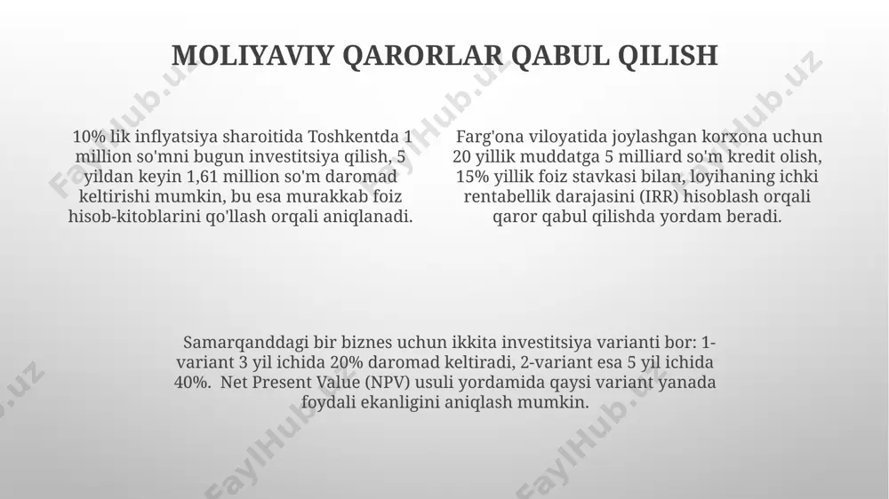 orining 10.000 dollardan ancha yuqori bo'lishiga olib keladi, bu esa pulning vaqt qiymati va murakkab foiz hisob-kitoblari natijasidir. agar sizga 2024 yilda samarqandda 5000 so'm berilsa, bugungi kunda uning hozirgi qiymati, inflyatsiya va boshqa omillarni hisobga olgan holda, ancha kam bo'ladi, bu pulning vaqt qiymati tufayli. 1000 aqsh dollari bugun toshkentda sizga berilsa, uni darhol 5% foiz bilan yillik investitsiya qilib, bir yildan keyin 1050 aqsh dollariga aylantirishingiz mumkin, bu pulning vaqt qiymati prinsipini ko'rsatadi. bugungi pulning kelajakdagi qiymati agar siz samarqandda 2024 yilda 5000 so'm sarmoya kiritgan bo'lsangiz va yillik 8% foiz olsangiz, 2034 yilda uning kelajakdagi qiymati inflyatsiyani hisobga olmaganda taxminan 10795 so'm bo'ladi. farg'ona shahrida joylashgan biznes 2023 yilda 1 million so'm foyda olgan bo'lsa va bu mablag'ni 7% lik stavka bilan investitsiya qilsa, 3 yildan keyin uning kelajakdagi qiymati 1.225 million so'mdan oshadi. bugungi 1000 aqsh dollari miqdoridagi mablag' toshkentda 5% lik yillik foiz stavkasi bilan …