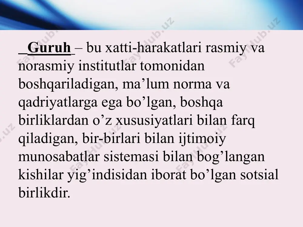 ruhlar. bularga olomon, xaloyiq (publika), auditoriya va boshqalarni kiritish mumkin. 2. tarixiy rivojlanish natijasida vujudga kelgan va jamiyat ijtimoiy munosabatlari tizimida ma’lum o’ringa ega bo’lgan birliklar. bu turdagi guruhlarga sotsial sinflar, turli etnik guruhlar (ellat, xalq, millat), kasbiy guruhlar, jinsiy va yoshga oid guruhlar (yoshlar, ayollar, keksalar) va boshqa guruhlarni kiritish mumkin. katta guruhlar ikki turga bo’linadi. katta sotsial guruhlarda kichik guruhlarda yo’q bo’lgan xatti-harakatni boshqarib turadigan o’ziga xos kuch mavjud. bu huquqlar, urf-odatlar va an’analardir. katta guruh bilan kichik guruh o’rtasida o’rta guruh ham bor. ammo guruh muammosi bilan shugullanayotgan sotsiologlar fikricha, o’rta guruhlar, ularning strukturasi, aloqasi, unda bo’ladigan hodisa va jarayonlar mohiyat jihatdan kattaroq guruhlarga xosdir. kichik va katta guruhlar o’rtasidagi farqni kichik guruhning yiriklashuvi va uning katta guruhga aylanishi jarayonida ko’rish mumkin. masalan, bir yoki bir nechta taniqli kishilar atrofida birlashgan, 40-45 kishidan iborat partiya kichik guruhdir, chunki bu guruh vakillarining shaxsan bir-birlarini tanishlari (bilishlari) kichik guruhga …