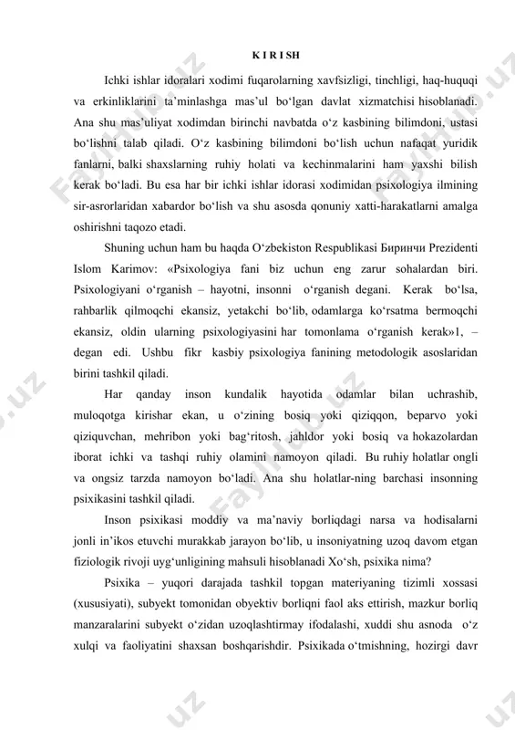adi. shuning uchun ham bu haqda o‘zbekiston respublikasi биринчи prezidenti islom karimov: «psixologiya fani biz uchun eng zarur sohalardan biri. psixologiyani o‘rganish – hayotni, insonni o‘rganish degani. kerak bo‘lsa, rahbarlik qilmoqchi ekansiz, yetakchi bo‘lib, odamlarga ko‘rsatma bermoqchi ekansiz, oldin ularning psixologiyasini har tomonlama o‘rganish kerak»1, – degan edi. ushbu fikr kasbiy psixologiya fanining metodologik asoslaridan birini tashkil qiladi. har qanday inson kundalik hayotida odamlar bilan uchrashib, muloqotga kirishar ekan, u o‘zining bosiq yoki qiziqqon, beparvo yoki qiziquvchan, mehribon yoki bag‘ritosh, jahldor yoki bosiq va hokazolardan iborat ichki va tashqi ruhiy olamini namoyon qiladi. bu ruhiy holatlar ongli va ongsiz tarzda namoyon bo‘ladi. ana shu holatlar-ning barchasi insonning psixikasini tashkil qiladi. inson psixikasi moddiy va ma’naviy borliqdagi narsa va hodisalarni jonli in’ikos etuvchi murakkab jarayon bo‘lib, u insoniyatning uzoq davom etgan fiziologik rivoji uyg‘unligining mahsuli hisoblanadi xo‘sh, psixika nima? psixika – yuqori darajada tashkil topgan materiyaning tizimli xossasi (xususiyati), subyekt tomonidan …