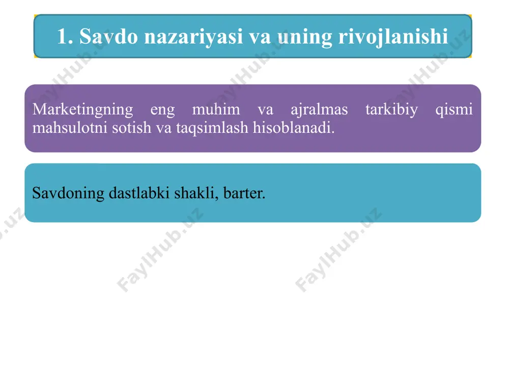 tovarlar va xizmatlarni bevosita iste’molchilarga sanoat uchun emas, balki shaxsiy iste’mol uchun sotadigan tadbirkorlik faoliyatining barcha turlari. ko‘p ishlab chiqarish korxonalari, ulgurji savdo, xizmat ko‘rsatish korxonalari va boshqalar chakana savdo bilan shug‘ullanadi. chakana savdoning asosiy qismi chakana savdo do‘konlari va do‘konlardan tashqarida chakana savdo orqali amalga oshiriladi. 1. taqdim etilayotgan xizmatlar darajasiga ko'ra o‘ziga xizmat ko‘rsatish do‘konlariga; cheklangan xizmat ko‘rsatish do‘konlariga; to’liq xizmat ko‘rsatish do‘konlariga bo’linadi. 2. taklif qilinayotgan assortimentga qarab ixtisoslashgan do'konlar; universal do‘konlar; supermarketlar; bojxona do‘konlari; super do‘konlar; kombinatsiyalashgan do‘konlar; gipermarketlarga bo‘linadi. chakana savdo do‘konlari turlari: taqsimot kanalining asosiy funksiyalariga quyidagilar kiradi: axborot – bu marketing tadkikotlari natijasida olingan ma’lumotlar va marketing muxiti tugrisidagi axborotlarni uz ichiga oladi siljitish – maxsulot taklifiga oid ishontiruvchi axborotlarni reklama va boshqa vositalar orqali tarqatish aloqa – kerakli xaridorlarni topish va ular bilan aloqa o’rnatish muvofiqlashtirish – talab va taklifni bir-biriga moslashtirish taqsimot yulining tarkibiy kismlari bir qator vazifalarni bajaradi: tovarni bir …