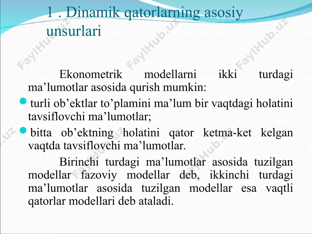 ining taxminan teng bo’lishi quyidagi xulosani keltirib chiqaradi: agar qator chiziqli bo’lmagan tendentsiyaga ega bo’lsa, demak u aniq bo’lmagan shaklda ifodalangan. shuning uchun qatorning tendentsiyasini modellashtirish uchun ham chiziqli, ham chiziqli bo’lmagan funktsiyalardan foydalanish mumkin, masalan darajali yoki eksponentsial trendlardan. “n”-yilning 10 oyi nominal ish haqining “n-1”- yilning dekabr oyi darajasiga nisbatan foiz hisobida o’sish sur’ati davriy qatori uchun trendlar tenglamalari trend turi tenglama chiziqli 0,887 0,873 ikkinchi tartibli parabola 0,937 0,920 darajali 0,939** 0,931** eksponentsial 0,872** 0,856** giperbola ko’rinishida 0,758 0,728 *qavs ichida regressiya koeffitsientining standart hatoliklari ko’rsatilgan ** determinatsiya koeffitsientlari chiziqli holga keltirilgan regressiya tenglamalari asosida hisoblangan n”- yilning 10 oyi nominal ish haqining o’sish sur’ati dinamikasi 1-rasmdagi grafikdan o’suvchi trend borligini ko’rish mumkin. chiziqli trend ham bo’lishi mumkin. keyingi tahlillar uchun qatorning darajalari va ularning logarifmlari bo’yicha avtokorrelyatsiya koeffitsientlarini aniqlaymiz (2-jadval). 3. mavsumiy va tsiklik tebranishlarni modellashtirish mavsumiy yoki tsiklik tebranishga ega bo’lgan vaqtli qatorlar strukturasini tahlil …