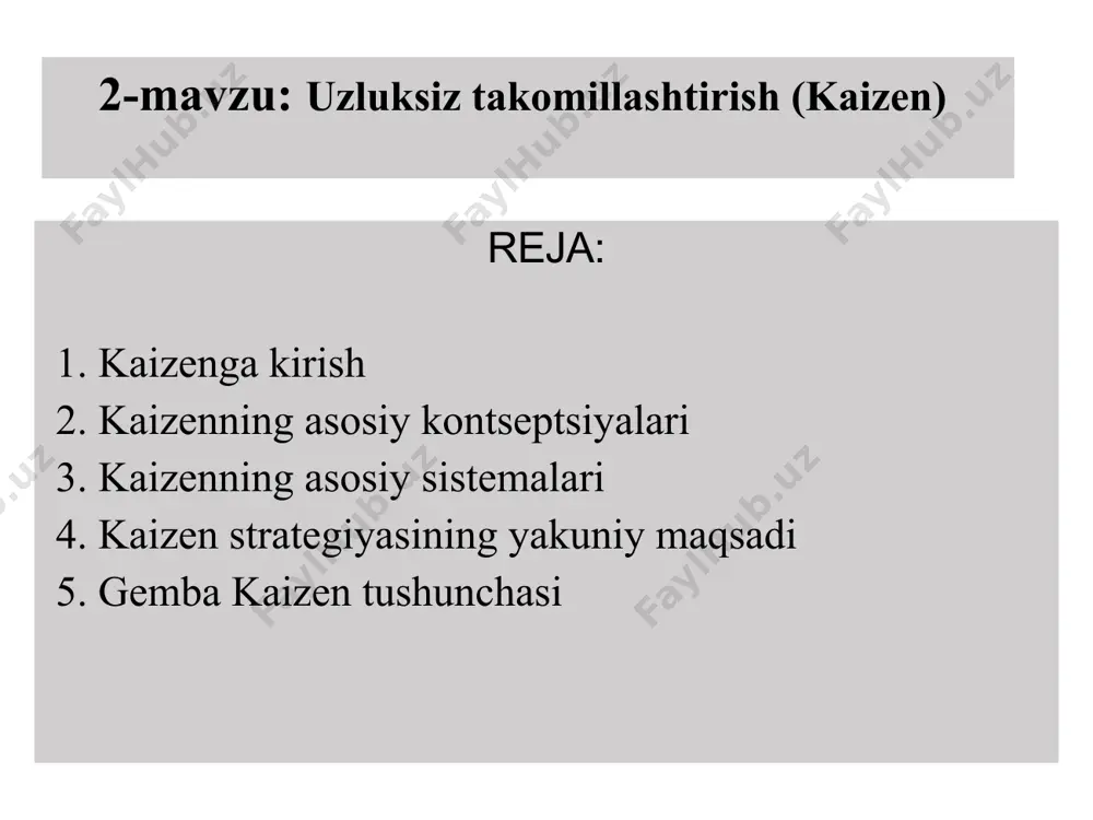 uqori va o’rta darajadagi menejerlar- yangiliklar kiritish, mavjud jarayonni keskin takomillashtirish. kaizen – korxonaning barcha darajadagi ishchilari – mavjud jarayonni sekin-asta ammo uzluksiz takomillashtish. saqlab turish- korxonaning barcha darajadagi ishchilari- mavjud texnologik, boshqaruv va operatsion standartlarni saqlabturishga qaratilgan harakatlarni amalga oshirish. jarayon qarama-qarshi natija jarayonga yo’naltirilgan natijaga asoslangan yuqori menejmentning javobgarliligi yuqori menejmentning ishtirok etishi asosiy elementlar sdca/pdca tsikliga amal qilish 1. takomillashtirishga yo’naltirilgan o’zgartirishni rejalashtirish. kutilayotgan natijaga erishish uchun zarur bo’lgan maqsadlar va jaroyonlarni belgilash. 2. rejani amalda bajarish, jarayonlarni hayotga tadbiq etish, mahsulot ishlab chiqarish, xizmatlar ko’rsatish. keyingi bosqich uchun ma’lumotlarni to’plash. 4. o’zgarishlarni tadbiq etishdan vos kechish yoki uni qaytadan amalga oshirish. asosiy sabablarni topish uchun farqlarni tahlil qilish. jarayonni yoki mahsulotni takomillashtirishga doir o'zgarishlarni qayerga qo'llashni aniqlash. 3. natijalarni o’rganish, reja ishladimi yoki yo’q? rejalashtirish bosqichida qo’yilgan maqsadlar bilan solishtish, farqlarni aniqlash. birinchi o’rinda doim sifat qaysi biri ustuvor bo’lishi kerek, sifat, narx va yetkazib berish? …