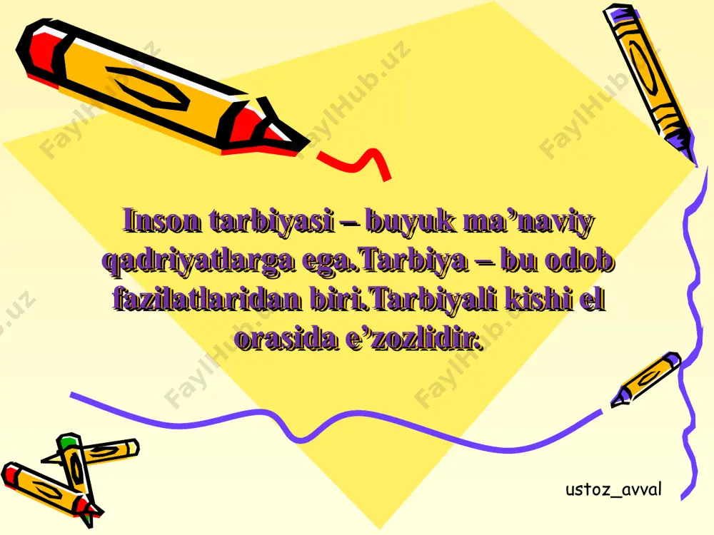 yuqori tutdi. buyuk shoir o‘z asari orqali odamalrni kamtarin, ko‘rkam fazilatlar egasi bo‘lishga davat etadi. ustoz_avval ustoz_avval bilimlarimizni mustahkamlaymiz bizga ko’p kitoblar yozibqoldirgan. shuning uchun ham uni shoh va shoir deyishadi. z.m.bobur ustoz_avval alisher navoiy bizga juda ko’p asarlar yozib qoldirgan.bu ulug’ zot shoirlarning sultoni bo’lgan. ustoz_avval ustoz_avval o’quvchilarni bilimlari baholanadi va rag’batlantiriladi. ustoz_avval uyga vazifa dono bobolar himatlari va o’gitlaridan yod olish. ustoz_avval e’tiboringiz uchun rahmat ustoz_avval