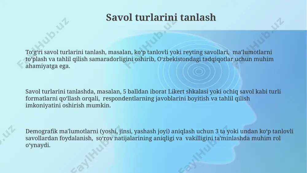 ga yaqin respondentni o'z ichiga olgan holda, ma'lumotlarning ishonchliligini oshirishga yordam beradi. so'rovnomalarni onlayn tarqatish (masalan, google forms or surveymonkey orqali) 1000 dan ortiq respondentlarni jalb qilish imkonini beradi, shu bilan birga, natijalarni tezda tahlil qilish va eksport qilish imkoniyatini ta'minlaydi. sms-xabarlar orqali 300 ta respondentga yuborilgan qisqa so'rovnoma, javob berish tezligini oshirish va 7 kun ichida kerakli ma'lumotlarni to'plash imkonini beradi. maqsad va auditoriyani aniqlash auditoriya aniq segmentlanishi, masalan, 18-35 yosh oralig‘idagi farg‘ona viloyati aholisi, jinsi, ta’lim darajasi va ijtimoiy-iqtisodiy holati bo‘yicha. 500 nafar respondentni o‘z ichiga olishi kerak. maqsad va auditoriya o‘rtasidagi bog‘liqlik aniq bo‘lishi zarur, ya’ni, 1000 respondent orasidan olingan ma’lumotlar maqsadga to‘g‘ri keladimi, masalan, samarqanddagi universitet talabalari orasida onlayn ta’lim samaradorligi bo‘yicha. maqsad aniq bo‘lishi va 5 ta yoki undan ortiq savol bilan chegaralanmasligi, masalan, toshkentdagi 20-40 yoshdagi ayollar orasida kosmetika mahsulotlariga bo‘lgan talabni o‘rganish. so'rovnoma tuzilmasini rejalashtirish so'rovnoma savollari sonini 5 dan 15 tagacha cheklash, …