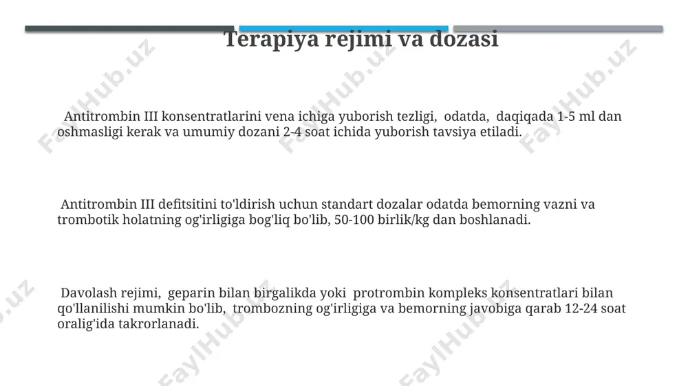 ishi (masalan, chuqur tomir trombozi yoki o'pka emboliyasi holatlarining soni 50% ga kamayishi) atiii defitsitini tuzatishning ijobiy natijasini bildiradi. atiii kontsentratsiyasining o'zgarishini kuzatish orqali davolanish samaradorligini baholash mumkin, normal diapazondan (masalan, 80-120%) past ko'rsatkichlar terapiya samarasizligini ko'rsatishi mumkin. antitrombin iii konsentratlarini qo'llash antitrombin iii preparatlarining qo'llanilishi, masalan, o'tkir dissemine qon ivish sindromi (dqis) kabi og'ir holatlarda, hayot uchun xavfli tromboemboliya hodisalarini oldini olishda muhim rol o'ynaydi. antitrombin iii konsentratlari, tromboz xavfini sezilarli darajada kamaytirish uchun, odatda 80-100 birlik/kg dozada vena ichiga yuboriladi, bu esa bemorning antitrombin iii darajasini tezkor tarzda normallashtiradi. davolash kursi va dozalash rejimi, bemorning klinik holati, laborator ko'rsatkichlar va qo'shimcha kasalliklar hisobga olingan holda, individual ravishda shifokor tomonidan belgilanadi, odatda bir necha kun davom etadi. savol-javob tromboembolik hodisalar profilaktikasi va davolashda savol-javobda atiii yetishmovchiligi bilan bog'liq xavf omillari (ya'ni, genetik mutatsiyalar, yosh va boshqalar) tahlil qilinadi. atiii yetishmovchiligini davolashda savol-javob sessiyasida antitrombin iii konsentratlarining turli xil dozalari …