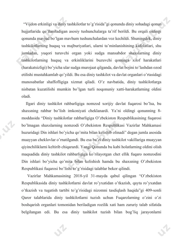 si va “vijdon erkinligi va diniy tashkilotlar to’g’risida”gi qonun bu borada asosiy va birlamchi qonunlardir. o’zbekiston dunyoviy davlat bo’lib, mamlaktimizda din davlatdan alohida bo’lib, bu haqda mamlakatimiz konstitutsiyasining 61-moddasida shunday deyiladi: “diniy tashkilotlar va birlashmalar davlatdan ajratilgan hamda qonun oldida tengdirlar. davlat diniy birlashmalarning faoliyatiga aralashmaydi” [footnoteref:1]. “vijdon erkinligi va diniy tashkilotlar to’g’risida”gi qonunning [footnoteref:2] 7-moddasida ham shu norma mustahkamlangan bo’lib, unda ham dinning davlatdan ajratilganligi, hech bir dinga yoki diniy e’tiqodga boshqalariga nisbatan biron-bir imtiyoz yoki cheklashlar belgilanishiga yo’l qo’yilmasligi belgilab qo’yilgan. bu esa mamlakatimizda davlatning diniy ishlarga, dinning esa davlat ishlariga aralashmasligini anglatadi. (qonun hujjatlarida ko’rsatilgan holatlar bundan mustasno, albatta). buning zamirida davlat tomonidan turli dinlarga e’tiqod qiluvchi va dinga e’tiqod qilmaydigan fuqarolar, shu kabi tashkilotlar o’rtasida o’zaro murosa va hurmat o’rnatilishiga ko’maklashishi, ular o’rtasida vujudga kelishi mumkin. [1: o’zbekiston respublikasi konstitutsiyasi. – toshkent: “o’zbekiston” 2021.] [2: o’zbekiston respublikasi qonuni «vijdon erkinligi va diniy tashkilotlar to‘g‘risida»gi o’rq-699-son.] “zamonaviy …