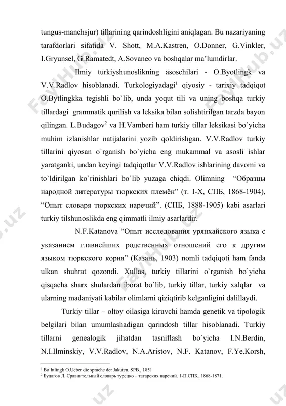 y: 1) toquz; 2) ayaq; 3) bol; 4) tag`; 5) sariq; 6) qalg`an. bunga qadim chig`atoy, xitoy turkistoni aholisi tili, o`zbek tili va qora tatarlar tili kiradi. 5. tag`li – guruh, qipchoq – turkman: 1) doquz; 2) ayaq; 3) bol; 4)tag`; 5) sari; 6) qalg`an. bularga xorazm o`zbeklarining shevasi ham kiradi. 6.ol- guruh, turkmancha yoki janubiy – g`arbiy: 1) doquz; 2) ayaq; 3) ol; 4) dag`; 5) sari; 6) qalan. turkman, ozarbayjon va turk tili, gagauzlar tili ham kiradi. turkiy tillar oilasiga 30 ga yaqin til kiradi. bu tillarda so`zlashuvchi xalqlar osiyo, yevropa, amerika va avstraliyada istiqomat qiladilar. bu tillarda so`zlashuvchilarning aksariyati osiyo qit’asida yashaydi. turkiy tillar oilasiga quyidagi tillar kiradi: turk, ozarbayjon, turkman, gagauz, qrim-tatar, qorag`ay, balqor, qo`miq, no`g`oy, tatar, bashqird, oltoy, shor, xakas, tuva, yoqut, qirg`iz, o`zbek, qaraqalpoq, chuvash, uyg`ur, qozoq. turkiy tillar quyidagilardan iborat: 1. bulg`or tillari guruhi: hozirgi chuvash tili va qadimgi bulg`or va xazar tillari. …