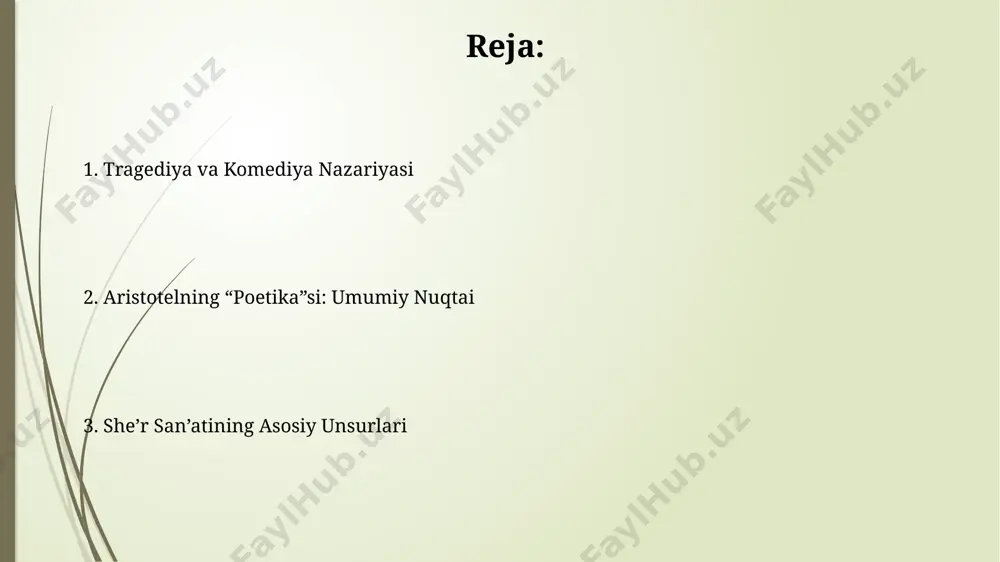 lishga ega, xarakterlarning ijtimoiy holati va ularning o'zaro munosabatlariga asoslangan, va yaxshi yakun bilan tugashini ta'kidlaydi. tragediya va uning elementlari tragediya katarsis (ruhiy tozalovchi taʼsir) orqali tomoshabinlarda qoʻrquv va rahm-shafqat hislarini uygʻotadi va ularni ruhiy jihatdan tozalaydi. bunda tragediya qahramonining hayotidan olib kelingan 3 ta asosiy dars muhim rol o'ynaydi. аристотель трагедияни 6 asosiy elementga ajratadi: syujet, xarakterlar, fikr, soʻz, musiqa va tomosha. syujet eng muhimi hisoblanadi. poetikaning zamonaviy adabiyotga taʼsiri "poetika"dagi katharsis (ruhiy tozalov) tushunchasi zamonaviy psixologik trillerlarda va dramalarda 20-asr oxiridan beri keng qoʻllanib, asarlarning taʼsirchanligini oshirmoqda. aristotelning “poetika”si zamonaviy romanlardagi 3 qismli syujet tuzilmasi (boshlanishi, oʻrtasi, oxiri) va personajlarning xarakter rivojlanishi kabi asosiy elementlarning shakllanishiga katta taʼsir koʻrsatgan. e'tiboringiz uchun rahmat @taqdimot_robot image1.jpg image2.jpg image3.jpg image4.jpg image5.jpg image6.jpg image7.jpg