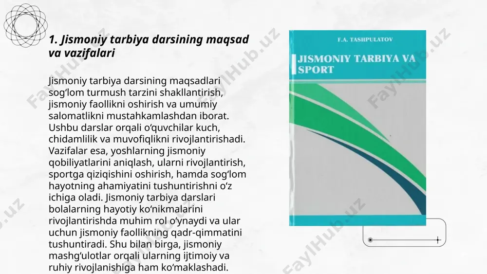ort bilan shug‘ullanadi. shuningdek, 20 foizi fastfud iste'molidan salbiy ta’sir ko‘rgani aniqlangan. talabalar orasida stress darajasi yuqori bo‘lib, 40 foizi psixologik yordamga muhtoj ekanini bildirgan. yiliga o‘rtacha 5-7 foiz talabalarda ortiqcha vazn kuzatiladi. talabalar salomatligi dasturlariga byudjetdan ajratiladigan mablag‘ esa yildan-yilga oshmoqda. statistik ma’lumotlar sog‘lom turmush tarzini rag‘batlantirish muhimligini ko‘rsatadi. ... t.me/slaydai_bot 7. jismoniy faoliyat turlari va uslublari jismoniy faoliyat turlari va uslublari keng turdagi mashqlar va harakatlarni o'z ichiga oladi. ular orasida yugurish, suzish, velosipedda yurish, va piyoda yurish kabi aerobik mashqlar kiradi. kuch-quvvat mashqlari esa og'irlik ko'tarish va boksni o'z ichiga olishi mumkin. moslashuvchanlik uslublari yoga va pilates orqali rivojlantiriladi. jismoniy faollikning tavsiya etilgan darajasi kattalar uchun haftasiga kamida 150 daqiqa o'rtacha intensivlikdagi aerobik mashqlarni yoki 75 daqiqa yuqori intensivlikdagi mashqlarni tashkil qiladi. bundan tashqari, haftasiga ikki marta kuch-quvvat mashqlarini bajarish ham muhimdir. har bir harakat turli sog'liq foydalari keltiradi va shaxsiy xohish va maqsadga bog'liq. ... t.me/slaydai_bot …