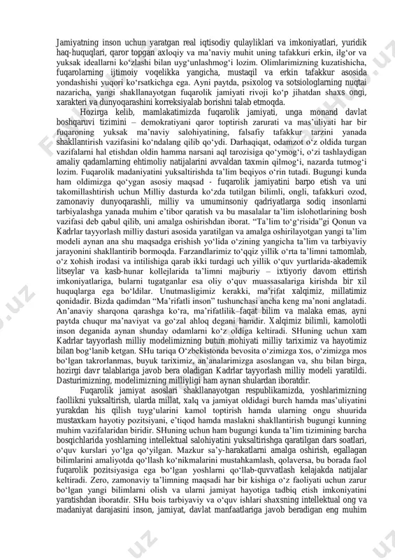 rni, ayniqsa, yoshlarni chuqur bilimli, teran fikrli, o‗z o‗tmishi durdonalaridan va ma‘naviy qadriyatlaridan xabardor, vatanparvar, haqiqatparvar, fidoyi qilib tarbiyalashni taqazo etadi. komil inson shaxsini tarbiyalash esa eng murakkab va qiyin jarayondir. bu jarayonni amalga oshirish ular ongiga milliy qadriyatlarni singdirish maqsadga muvofiqdir. demak, bugungi yosh avlod o‗z tarixini, madaniyatini, milliy qadriyatlarini, tilini, dinini va urf-odatlarini mukammal bilsagina, mustaqillikning asl mohiyatini chuqurroq anglab etadilar. fuqarolik jamiyati ham ana shu milliy qadriyatlarimizga asoslanib rivojlantirilishi bejiz emas. zero, ―madomiki biz huquqiy demokratik davlat, erkin fuqarolik jamiyati qurayotgan ekanmiz, ma‘naviyat sohasidagi xxi asrga mo‗ljallangan harakat dasturimiz shundan kelib chiqmog‗i darkor, ya‘ni erkin fuqaro – ongli yashaydigan, mustaqil fikrga ega bo‗lgan shaxs ma‘naviyatini kamol toptishirish bizning bosh milliy g‗oyamiz bo‗lishi zarur‖ 3 . insonga yoshligidan singdirilgan madaniy-ma‘naviy qarashlar, axloqiy qadriyatlar, an‘analar, diniy-ruhiy tuyg‗ulardan iborat. bu bo‗g‗inda u oilasi, qarindosh-urug‗lari, mahallasi, millati, yurti bilan birligini, uning tarkibiy qismi ekanligini his etadi. natijada, uning ongi va qalbida …