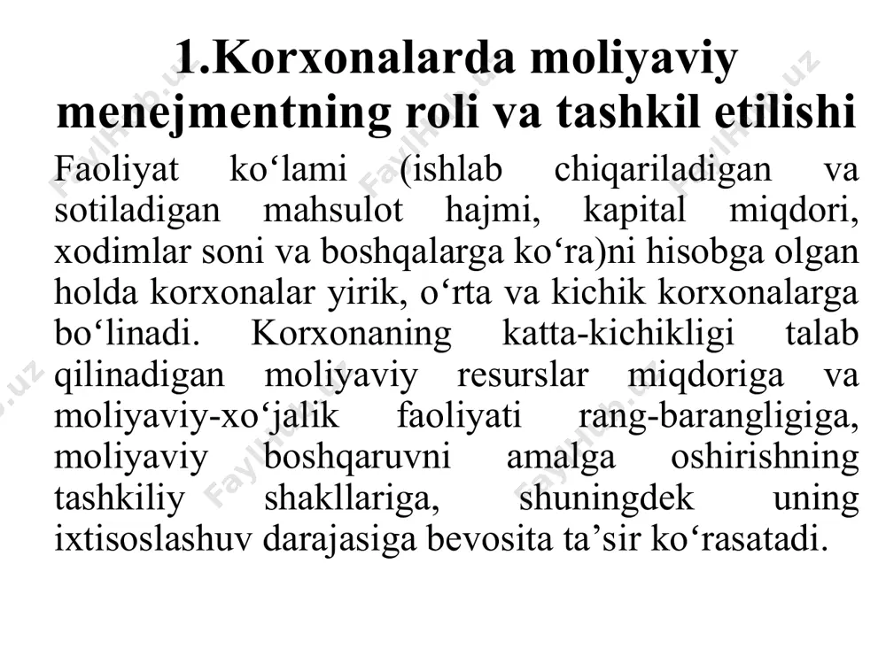 yicha oʻzining mulki bilan javob beradi, barcha risklarni oʻz zimmasiga oladi, ya’ni uning javobgarligi chegaralanmagan. oʻzbekiston amaliyotida biznesni tashkil etishda xususiy korxonalar, mas’uliyati cheklangan jamiyatlar, oilaviy korxonalar, aksiyadorlik jamiyatlari, unitar korxonalar va boshqa tashkiliy asosdagi tadbirkorlik obyektlari faoliyat koʻrsatib kelmoqda. xususiy va oilaviy korxonalarda, shuningdek kichik biznes korxonalarida moliyaviy boshqaruv bevosita uning egasi tomonidan amalga oshiriladi. 2.moliyaviy menejmentning ta`minot tizimi bunda korxonalarning pul mablagʻlari va ularning manbalari, shuningdek korxonalar, xoʻjalik faoliyatining boshqa ishtirokchilari, moliya tizimining turli boʻgʻinlari oʻrtasida yuzaga keladigan moliyaviy munosabatlar boshqarish obyekti hisoblanadi. mulkdorlar, moliyaviy menejerlar, mos tashkiliy tuzilmalar va xizmatlar moliyaviy menejment tizimida boshqarish obyektlari sifatida qatnashadi, boʻlimlarning tarkibiy qismlari esa boshqariluvchi tizimostlari sifatida yuzaga chiqadi. bunda eng asosiy boshqaruv obyekti korxonaning mulkdorlari hisoblanadi. moliyaviy menejment tizimining markaziy elementi kadrlar ta’minoti hisoblanadi. ob’ektga maqsadli yoʻnaltirilgan boshqaruv ta’sirini koʻrsatuvchi maxsus usullar, metodlar va instrumentlar vositasida ishlab chiqish va amalga oshirishni ta’minlovchi mutaxassislar guruhi (moliyaviy menejerlar, menejerlar va boshqalar) …