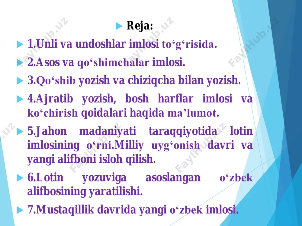 ‘simlik, do‘ppi, bo‘tako‘z, semizo‘t, gulko‘rpa, noo‘rin kabi so‘zlarda orqa qator o‘rta-keng unlini ifodalash uchun yoziladi.  6. e e harfi ekin, esla, evara, ekran, eksport; kel, zehn; kecha, behi; telefon, teatr; poyezd, atelye; e’lon, ne’mat, she’r kabi so‘zlarda old qator o‘rta-keng unlini ifodalash uchun yoziladi.  7. yonma-yon keladigan unlilar imlosi:  1) unlilar orasiga ba’zan u undoshi qo‘shib aytilsa ham, yozilmaydi.  a) ia: material, milliard, radiator; tabiat, shariat kabi;  b) io: biologiya, million, stadion, radio kabi;  v) ai: mozaika, ukrain, said, maishat kabi;  g) oi: alkoloid, ellipsoid, doim, shoir, oila kabi;  d) ea: teatr, okean, laureat kabi;  2) ae, oe unlilari so‘z ichida kelganda ikkinchi unli u aytilsa ham, asliga muvofiq e yoziladi: aerostat, poema kabi.  undoshlar imlosi  8. v b harfi:  1) bobo, bahor, bir, majbur, zarb kabi so‘zlarda jarangli portlovchi lab undoshini ifodalash uchun yoziladi;  2) kitob, …