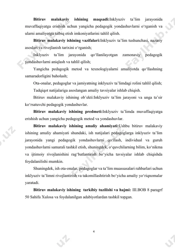’limda yangicha pedagogik yondashuvlarning ilmiy asoslari yangicha pedagogik yondashuvlar inklyuziv ta’limni samarali tashkil etishning ilmiy asoslarini tashkil etadi. ular zamonaviy pedagogika va psixologiya nazariyalariga tayangan holda, o‘quvchilarning individual va guruh xususiyatlarini hisobga olgan metodlarni qo‘llashga asoslanadi. ilmiy asoslar quyidagilarni o‘z ichiga oladi:differensiallashtirilgan o‘qitish nazariyasi: o‘quvchilarning individual darajasi va qobiliyatlarini hisobga olib, o‘qitish metodlarini moslashtirish;[footnoteref:1] [1: sa’dullayeva gavhar qobiljon qizi (2023) - oʻzbekistonda inklyuziv ta'lim va pedagogik yondashuvlar. fan, ta'lim va amaliyot integratsiyasi jurnali. manba] kooperativ o‘qitish konsepsiyasi: guruh ichidagi o‘quvchilar o‘rtasida hamkorlik va bir-birini qo‘llab-quvvatlash orqali bilim va ko‘nikmalarni oshirish; interaktiv metodologiya: suhbatlar, muammolarni birgalikda hal qilish, rolli o‘yinlar va loyihaviy faoliyat orqali o‘quv jarayonini jonli va qiziqarli qilish; stem/steam yondashuvlari: fan, texnologiya, muhandislik, san’at va matematika asosida loyiha va eksperimentlar orqali o‘quvchilarning tanqidiy fikrlash va ijodiy qobiliyatlarini rivojlantirish; raqamli texnologiyalarni integratsiya qilish: multimedia vositalari, interaktiv dasturlar va onlayn resurslar yordamida o‘quv jarayonini individual va guruhlashtirilgan shaklda optimallashtirish. shu tarzda, …