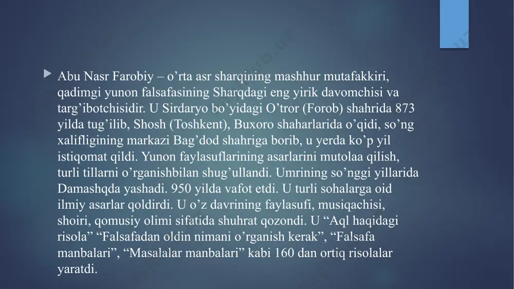 arta ta`rif bergan olim sanaladi. ta`lim – degan so`z insonga o`qitish, tushuntirish asosida nazariy bilim berish; tarbiya – nazariy fazilatni, ma`lum xunarni egallash uchun zarur bo`lgan xulq normalarini va amaliy malakalarni o`rgatishdir, deydi olim. abu nasr farobiy yana aytadi: «ta`lim – degan so`z xalqlar va shaharliklar o`rtasida nazariy fazilatni birlashtirish, tarbiya esa shu xalqlar o`rtasidagi tug`ma fazilat va amaliy kasb hunar fazilatlarini birlashtirish degan so`zdir. ta`lim faqat so`z va o`rgatish bilangina bo`ladi. tarbiya aesa, amaliy ish tajriba bilan, ya`ni shu xalq, shu millatning amaliy malakalardan iborat bo`lgan ish - harakat, kasb - hunarga berilgan bo`lishi, o`rganishidir» farobiy nazariy bilimlarni egallashga kirishgan har bir kishi xulq – odobda ham qay darajada pok bo`lishi kerakligini «falsafani o`rganishdan oldin nimani bilish kerakligi to`g`risida»gi risolasida shunday ta`riflaydi: «falsafani o`rganishdan avval o`zingizni hirshavaslardan shunday tozalashingiz lozimki, sizda maishiy va shahvoniyat kabi notug`ri tuyg`ularga emas, balki kamolotga bo`lgan hirs-havas qolsin. bunga xulq axloqni faqat so`zdagina emas, …
