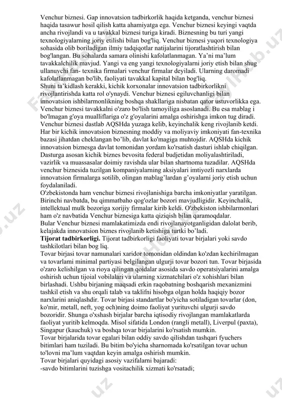 rdamlashadi. asbob-uskunalar narxi va ishlatish muddatiga qarab aylanma fondlarga kiritiladi. asbob-uskunalarning xizmat muddati bir yildan oz bo'lsa, u aylanma fondlarga taalluqlidir. yarim tayyor mahsulotlar sotib olingan yoki o'zida tayyorlangan turlariga bo'linadi. yarim tayyor mahsulotlar iste’molga tayyor bo'lmagan bo'lib, uni boshqa цех firma yoki korxonada tayyor holatiga keltirish lozim. tugallanmagan ishlab chiqarish tugallanmagan mahsulot bo'lib, yarim tayyor mahsulotdan farqli ravishda o'z ishchi joyida turadi. uni me’yoridagi ishlov berish uchun korxonaning boshqa bo'linmasiga berilmay, shu sexning o'zida qiyomiga yetkaziladi. kelajakdagi xarajatlarga alohida to'xtalish lozim. bu xarajatlar yangi mahsulotlarni tayyorlashdagi xarajatlar bo'lib, keyinchalik ishlab chiqarish xarajatlari jumlasiga kiritiladi. ishchi kuchini tadbirkor e’lon, mehnat birjasi, ishga joylash agentligi, tanish-bilishlar orqali topadi. ishga olishda nomzodning ma’lumoti, mutaxassisligi, ish tajribasi, shaxsiy xususiyatiari hisobga olinadi. so'ngra tadbirkor moddiy, moliyaviy, mehnat resurslari, tayyorlanadigan mahsulotlarni sotish bozori haqida axborot to'playdi. moliyaviy mablag ga bo'lgan talab va uning hisobi. tadbirkorlik bitimini tuzish moliyaviy xarajatlar bilan bog'liq. ishlab chiqarish va tadbirkorlik …