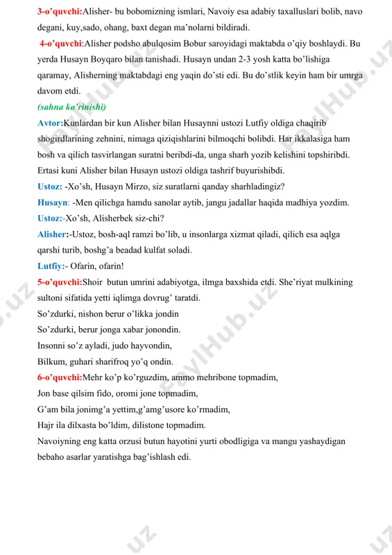 avval yaratilgan “xamsa” namunalari bilan teng turadigan yangi, betakror besh mukammal doston yaratish edi. u ana shunday sermashaqqat ishni to’la-to’kis ado etdi. 8-o’quvchi:xamsa besh dostondan iborat bo’lib, ular ichidagi eng yirik asar “hayrat ul-aror” deb ataladi. “farhod va shirin”, layli va majnun” dostonlari pokiza ishq bobida, “sab’ai sayyor” dostonida 7 iqlimdan kelgan musofirlarning shoh bahrom huzurida qilgan hikoyalari bayon qilinadi. 9-o’quvchi:“saddi iskandariy”da esa o’zi butun umr orzu qilgan odil shohni iskandar timsolida tasvirlaydi. (o’quvchilar shoirning hikmatlar durdonasidan namunalar keltiradilar) hikmatlar hunarni asrabon netgumdir oxir olib tufroqqamu ketgumdir oxir. aytur so’zni ayt, aytmas so’zdan qayt har kimki birovga qozgay choh, ul choh aro tushgay o’zi nogoh. tilga ixtiyorsiz, elga e’tiborsiz. olamdan g’amsiz o’tay desang, ilm-u hunar o’rgan. izzat tilasang, kam de, sihat tilasang, kam ye. bilmaganni so’rab o’rgangan olim, orlanib so’ramagan o’ziga zolim. achchiq til zaharli nayzadek, sanchiladi. boshni fido ayla ato boshig’a. jismni qil sadqa ano boshig’a tun kuningni aylagali …