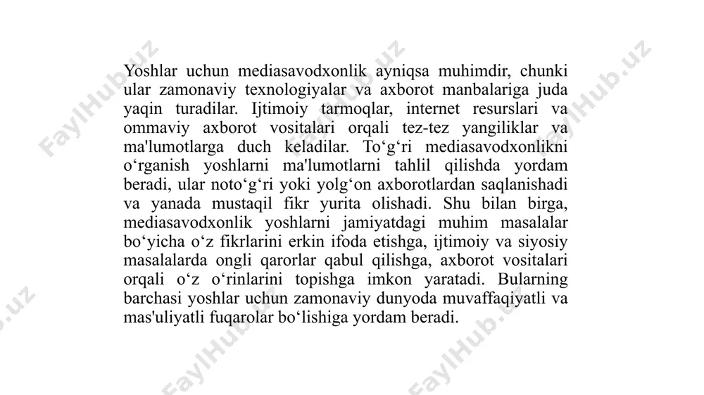 ing manbalarini tekshirish va to‘g‘ri qarorlar qabul qilishga o‘rgatadi. yoshlar uchun onlayn va oflayn kurslar tashkil qilish, ularni axborotlarni ishonchli manbalardan olish va yolg‘on ma'lumotlardan saqlanishni o‘rgatadi. 9 ikkinchidan, ijtimoiy tarmoqlarda axborotlarni tekshirish vositalarini rivojlantirish va ulardan foydalanishni rag‘batlantirish kerak. yoshlar o‘zlari o‘rganishi va qo‘llashlari uchun axborot tekshirish ilovalari yoki platformalar bilan tanishtirilishi lozim. bu yoshlarni yolg‘on va manipulyatsiyalangan axborotlardan himoya qilishga yordam beradi. uchinchidan, yoshlarni ijtimoiy tarmoqlarda ijobiy xulq-atvorni namoyish etishga rag‘batlantirish muhim. tarmoqdagi muloqotda doimo hurmat va madaniyatni saqlash, boshqalar fikrini hurmat qilish va o‘zini ijtimoiy mas'uliyatli tutish yoshlarni jamiyatda yaxshi fuqarolar bo‘lishga yo‘naltiradi. buning uchun ular bilan turli maslahatlardan foydalanish, o‘zaro fikr almashish va ijtimoiy tarmoqlarda oqilona yondashuvni o‘rgatish zarur. shuningdek, yoshlarning psixologik holatini yaxshilash uchun onlayn va oflayn psixologik qo‘llab-quvvatlash dasturlari tashkil qilish muhim. tarmoqlarda doimiy baholanish va tanqidga uchrab qoladigan yoshlar o‘zlarini stress va depressiyadan himoya qilish uchun psixologik yordam olishlari kerak. etiboringiz uchun rahmad. …