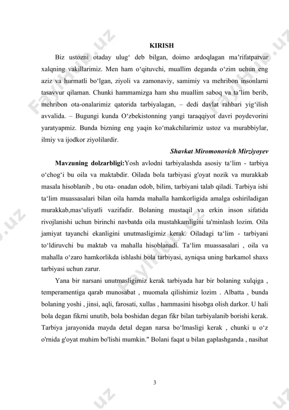 , tarbiyani talab qiladi. tarbiya ishi ta‘lim muassasalari bilan oila hamda mahalla hamkorligida amalga oshiriladigan murakkab,mas‘uliyatli vazifadir. bolaning mustaqil va erkin inson sifatida rivojlanishi uchun birinchi navbatda oila mustahkamligini ta'minlash lozim. oila jamiyat tayanchi ekanligini unutmasligimiz kerak. oiladagi ta‘lim - tarbiyani to‘ldiruvchi bu maktab va mahalla hisoblanadi. ta‘lim muassasalari , oila va mahalla o‘zaro hamkorlikda ishlashi bola tarbiyasi, ayniqsa uning barkamol shaxs tarbiyasi uchun zarur. yana bir narsani unutmasligimiz kerak tarbiyada har bir bolaning xulqiga , temperamentiga qarab munosabat , muomala qilishimiz lozim . albatta , bunda bolaning yoshi , jinsi, aqli, farosati, xullas , hammasini hisobga olish darkor. u hali bola degan fikrni unutib, bola boshidan degan fikr bilan tarbiyalanib borishi kerak. tarbiya jarayonida mayda detal degan narsa bo‘lmasligi kerak , chunki u o‘z o'rnida g'oyat muhim bo'lishi mumkin." bolani faqat u bilan gaplashganda , nasihat qilganda yoki unga biror narsa buyurgandagina tarbiyalayman deb o‘ylamang. siz bolani turmushingizning har …
