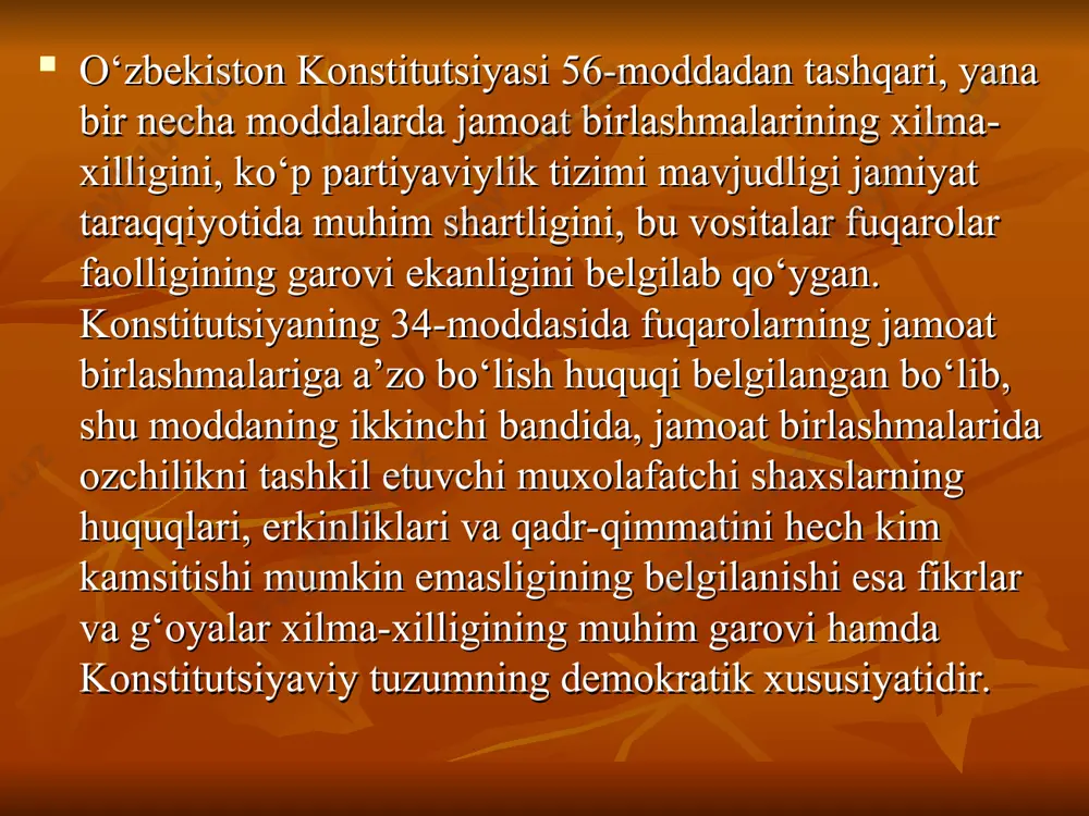 ishini ko‘rsatadi. barcha jamoat tashkilotlariga xos xususiyat — bu ularga a’zolikning ixtiyoriyligi. eng yirik jamoat birlashmalari — kasaba uyushmalari va siyosiy partiyalar qanday manfaatni ko‘zlab tuzilishi, siyosiy hayotda qanday ishtirok etishi konstitutsiyada alohida mustahkamlab qo‘yilgan (konstitutsiyaning 59, 60-moddalari). partiya – (lot. partio – bo’laman, ajrataman) g’oyaviy jihadan maslakdosh, manfaatlari mushtarak bo’lgan, shuningdek, muayyan ishni bajarish uchun ajratilgan kishilar guruhi. konstitutsiyaning 60-moddasida siyosiy partiyalarning maqomi konstitutsiyaviy asosda mustahkamlab qo‘yilgan. unga asosan: siyosiy partiyalar turli tabaqa va guruhlarning siyosiy irodasini ifodalaydilar va o'zlarining demokratik yo'l bilan saylab qo'yilgan vakillari orqali davlat hokimiyatini tuzishda ishtirok etadilar. siyosiy partiyalar o'z faoliyatlarini moliyaviy ta'minlanish manbalari haqida oliy majlisga yoki u vakil qilgan organga belgilangan tartibda oshkora hisobotlar berib turadilar. demak, siyosiy partiyalar : mamlakatdagi turli tabaqa va guruhlarning siyosiy irodasini ifodalaydi (demak bu siyosiy tashkilot): siyosiy partiyani tuzish uchun kamida sakkizta hududiy subyektda (viloyatda), shu jumladan qoraqalpog‘iston respublikasi va toshkent shahrida yashayotgan hamda partiyaga birlashish …
