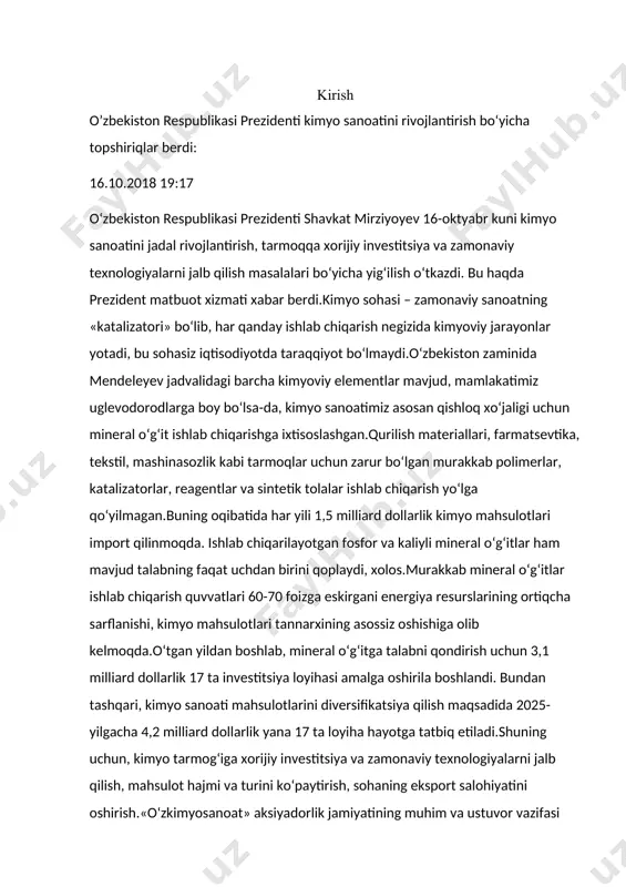 ‘yicha 8 ta loyihani amalga oshirish ko‘zda tutilmoqda.prezidentimiz mutasaddi rahbarlarga ushbu loyihalarni amalga oshirish uchun xorijiy investorlarni jalb qilish bo‘yicha topshiriqlar berdi.kimyo sanoatida yirik investitsiya loyihalarini amalga oshirish uchun tizimning moliyaviy barqarorligini ta’minlash lozim. shu bois yig‘ilishda «o‘zkimyosanoat» aksiyadorlik jamiyatining moliyaviy ahvolini yaxshilash yuzasidan ko‘rsatmalar berildi. shu bilan birga, sohaga innovatsiyalar umuman joriy qilinmagani, ilm-fan salohiyatidan samarali foydalanilmayotgani tanqid qilindi. shuning uchun koreya kimyo-texnologiyalari ilmiy-tadqiqot instituti (krict) bilan hamkorlikda toshkent kimyo texnologiya ilmiy-tadqiqot instituti negizida ilmiy-tadqiqot, loyihalash va muhandislik, kadrlar tayyorlashga ixtisoslashgan markaz barpo etishni tezlashtirish zarurligi ta’kidlandi · kaliy (arab, al-kali — potash; lot. kalium), kaliy — mendeleyev davriy sistemasining i guruhiga mansub kimyoviy element. ishqoriy metall, tartib raqami 19, atom massasi 39,0983. ikkita barqaror izotop - 3"k(93,259%), 4|k(6,729%), shuningdek, radioaktiv izotop 40k(t|/2= 1,32- 10" y.)dan iborat. ingliz fizigi va kimyogari kaliy devi 1807 yilda metallarni olish maqsadida ishqorlarni elekti to’ki tasirida parchalash tajribasini o’tkazib ajoyib natijalarni oldi.u kaliyni …