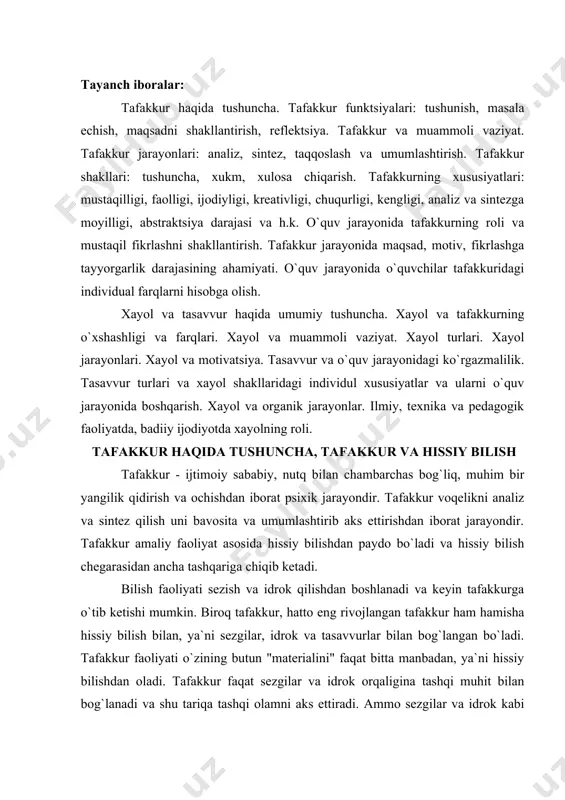 sh bilan, ya`ni sezgilar, idrok va tasavvurlar bilan bog`langan bo`ladi. tafakkur faoliyati o`zining butun "materialini" faqat bitta manbadan, ya`ni hissiy bilishdan oladi. tafakkur faqat sezgilar va idrok orqaligina tashqi muhit bilan bog`lanadi va shu tariqa tashqi olamni aks ettiradi. ammo sezgilar va idrok kabi hissiy bilish jarayonlari olamning turli xildagi aloqalarini, ular orasidagi bog`lanishlarni, paydo bo`ladigan turli muammolarni hal qilish imkonini bermaydi. tafakkur qilish davomida tashqi olamni bilish chuqurroq amalga oshiriladi. buning natijasida narsalar, hodisalar va boshqa shuning kabilar o`rtasidagi murakkab o`zaro bog`lanishlarni ajratish, echish mumkin bo`ladi. zarur hollarda turli vositalar qo`llaniladi. quyidagi uch xil hodisalarni o`rganish davomida vositalar qo`llaniladi. 1. hozirgi paytda bevosita idrok qilishning imkoni bo`lmagan hodisalarni o`rganish uchun. bunga tarixiy voqealar, kelajak rejalar, gipotezalar, umuman yoki o`tmishda ruy bergan yoki kelajakda ruy berishi mumkin bo`lgan hodisalarni o`rganish davomida; 2. sezgi organlarimizning moslashmaganligi sababli bevosita idrok qilishning imkoni bo`lmagan hodisalarni o`rganishda. bunga misol tariqasida juda kichik zarrachalar, elementlar, …