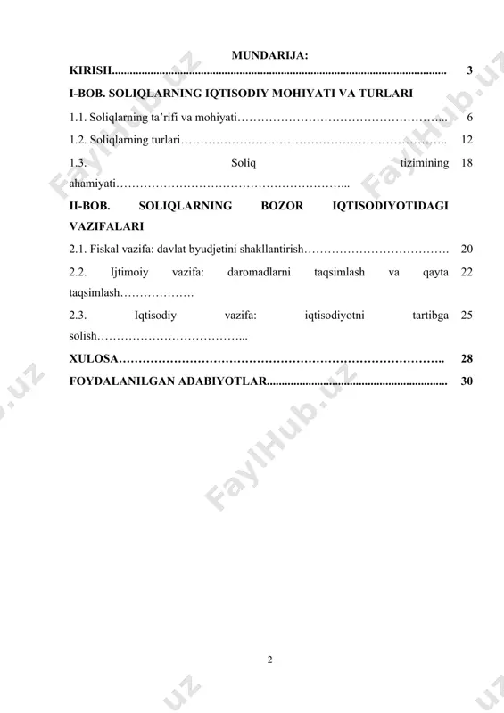 ilishga qaratilgan chora-tadbirlar ushbu mavzuning dolzarbligini yanada oshiradi. xususan, 2018-yil 29-iyundagi pf–5468-sonli “o‘zbekiston respublikasining soliq siyosatini takomillashtirish konsepsiyasi to‘g‘risida”gi farmon soliq tizimini tubdan isloh qilishga asos soldi. ushbu hujjatda soliq yukini kamaytirish, tadbirkorlikni qo‘llab-quvvatlash, soliq turlarini optimallashtirish va soliq ma’muriyatchiligini soddalashtirish belgilab berilgan. farmon ijrosi natijasida soliq turlarining soni qisqartirildi, soliq stavkalari bosqichma-bosqich kamaytirildi, bu esa iqtisodiy faoliyatga rag‘bat yaratdi va norasmiy iqtisodiyot ulushini kamaytirishga xizmat qildi. bundan tashqari, 2017-yil 18-iyulda qabul qilingan “soliq ma’muriyatchiligini tubdan takomillashtirish, soliqlar va boshqa majburiy to‘lovlarning yig‘iluvchanligini oshirish chora-tadbirlari to‘g‘risida”gi prezident farmoni orqali soliq organlarining faoliyatida axborot texnologiyalari keng joriy etildi, soliq to‘lovchilarga qulaylik yaratildi, korrupsiyaviy omillarni bartaraf etishga xizmat qiluvchi zamonaviy boshqaruv uslublari joriy qilindi. bu islohotlar soliq tizimini shaffof, adolatli va samarali qilishda asosiy omil bo‘ldi. yuqoridagi islohotlar bozor iqtisodiyoti talablariga mos soliq tizimini shakllantirishni ko‘zda tutgan bo‘lib, davlat tomonidan iqtisodiyotni tartibga solish, investitsion muhitni yaxshilash va aholi turmush darajasini oshirishga qaratilgan. …
