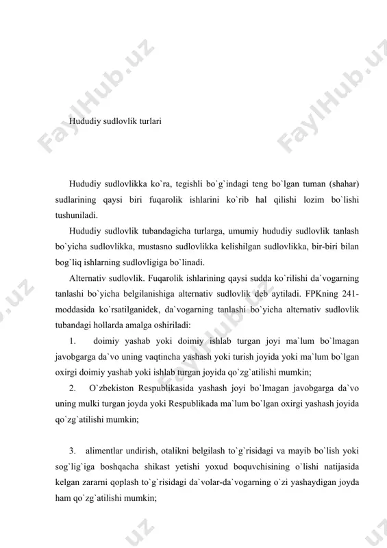 atilishi mumkin; 6. fuqarolar yoki yuridik shaxslarning mol-mulkiga yetkazilgan zararni undirish to`g`risidagi da`volar zarar yetkazilgan joyda qo`zg`atilishi mumkin; 7. yuridik shaxsning filiali faoliyatidan kelib chiqadigan da`volar filial joylashgan joyda ham qo`zg`atilishi mumkin; 8. turli joylarda yashovchi yoki vaqtincha turuvchi bir necha javobgarlarga yoki yuridik shaxslar bo`lgan va turli joylarda joylashgan javobgarlarga qilinadigan da`vo da`vogarning tanlashi bo`yicha javobgarlardan birining yashaydigan yoki turgan joyidagi sudda qo`zg`atilishi mumkin. ishning sudlovliligi bir necha sudlarga tegishli bo`lganida, ulardan birini tanlash da`vogarning ixtiyorida bo`ladi. fpkning 241-moddasining uchinchi qismida belgilanganidek, alimentlar undirish, otalikni belgilash, fuqaroning mayib bo`lishi yoki uning sog`lig`iga boshqacha shikast yetishi yoxud boquvchisining o`lishi natijasida yetkazilgan zararni to`lash to`g`risidagi da`volar tubandagicha uch sudning birida: korxona, muassasa, tashkilot joylashgan joydagi sudida yoki o`zining turgan joyidagi sudida yoxud zarar yetkazilgan joydagi sudida qo`zg`atilishi mumkin. gayriqonuniy hukm qilish, g`ayriqonuniy ravishda jinoiy javobgarlikka tortish, extiyot chorasi sifatida g`ayriqonuniy qamoqka olish yoxud ma`muriy qamoqqa olish yoki ahloq tuzatish tarzidagi ma`muriy …