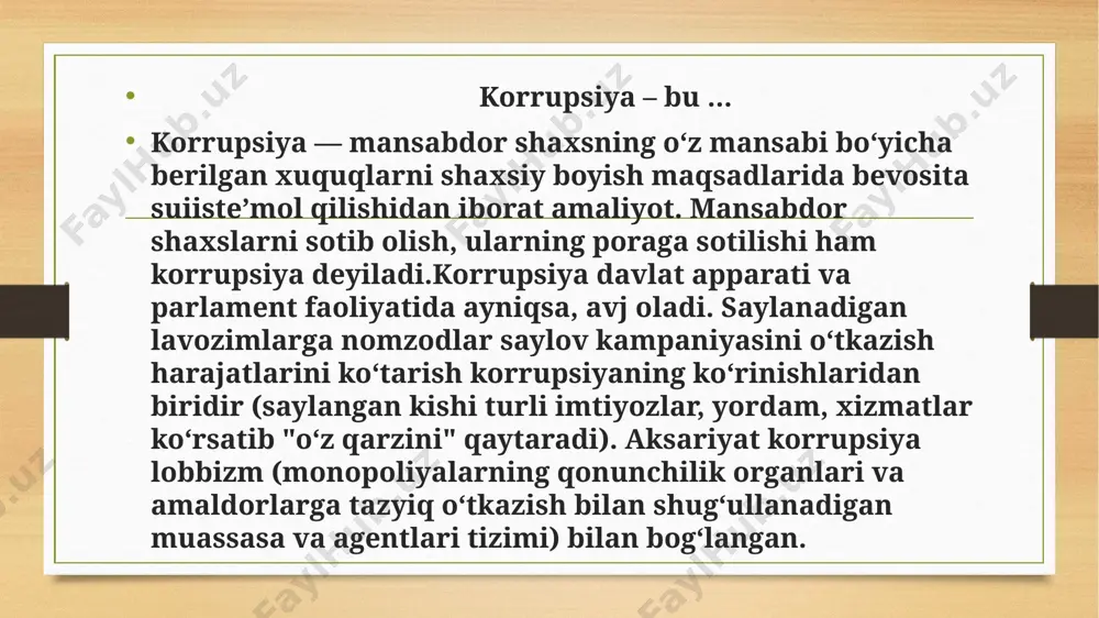 gan, farzandlari va yaqin kishilari kelajakda ham demokratik, fuqarolik jamiyatida sivilizatsiyalashgan bozor munosabatlarining samaralaridan to‘la-to‘kis foydalanishni orzu qiladigan har bir fuqaro, korrupsiya yo‘liga o‘z vaqtida zarur to‘siq qo‘yilmasa, bu illatlar qanday ayanchli oqibatlarga olib kelishi mumkinligini yaxshi anglab etmog’i lozim. biz korrupsiya balosiga birgalikda, ahillik bilan, dadil qadamlar ila kurashmog’imiz zarur. image7.jpg image3.png image4.png /docprops/thumbnail.jpeg