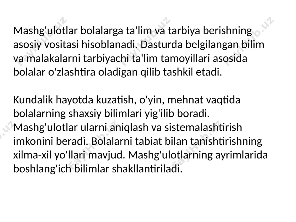 ishi; ijtimoiy-hissiy rivojlanish; nutq, muloqot, o‘qish va yozish malakalari; bilish jarayonini rivojlanishi; ijodiy rivojlanish. jismoniy rivojlanish va sog‘lom turmush tarzining shakllanishi” sohasi quyidagi kichik sohalarga bo‘linadi: yirik motorika; mayda motorika; sensomotorika; sog‘lom turmush tarzi va xavfsizlik ijtimoiy-hissiy rivojlanish” sohasi quyidagi kichik sohalarga bo‘linadi: “men” konsepsiyasi; hissiyotlar va ularni boshqarish; ijtimoiylashuv, kattalar va tengdoshlar bilan muloqot. nutq, muloqot, o‘qish va yozish malakalari” sohasi quyidagi kichik sohalarga bo‘linadi: nutq va til; o‘qish malakalari; qo‘l barmoqlari mayda motorikasi. bilish jarayonining rivojlanishi” sohasi quyidagi kichik sohalarga bo‘linadi: intellektual-anglash malakalari; elementar matematik malakalar; tadqiqiy-bilish va samarali refleksiv faoliyat ijodiy rivojlanish” soha quyidagi kichik sohalarga bo‘linadi: dunyoni badiiy tasavvur etish; badiiy-ijodiy qobiliyatlar. davlat talablari asosidagi yosh davrlari quyidagi bosqichlarni o‘z ichiga oladi: go‘daklik (tug‘ilgandan 1 yoshgacha); erta yoshdagi bolalik (1 yoshdan 3 yoshgacha); kichik maktabgacha yosh (3 yoshdan 4 yoshgacha); o‘rta maktabgacha yosh (4 dan 5 yoshgacha); katta maktabgacha yosh (5 yoshdan 6 yoshgacha); maktabga tayyorlov …