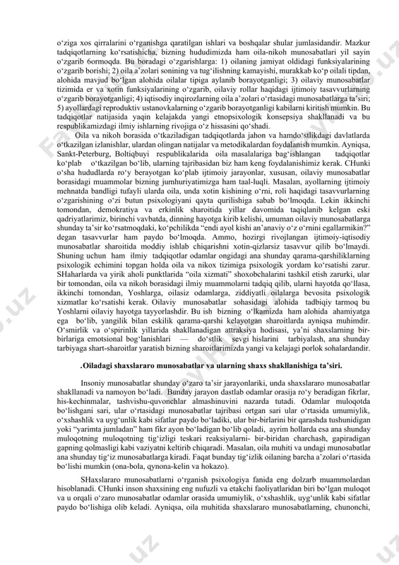 hu narsa aniqlandiki, oila a’zolarining rollar borasidagi muvofiq o‘zaro munosabatlari oilaviy xamjihatlikning muhim shartidir. oilaviy majorolar esa, asosan hozirgi zamon o‘zbek ayolining ijtimoiy mehnat bilan bandligi hamda oilaviy munosabatlarda eskilik sarqitlarining saqlanib qolganligidadir. g‘.b.shoumarov va e.a. morshinalarning (1986) tadqiqotlarida esa oilada bolalar tarbiyasiga bevosita ta’sir ko‘rsatadigan ijtimoiy-psixologik omillar o‘rganildi, chunonchi, unda o‘ziga xos milliy va an’anaviy o‘zaro munosaoat xususiyatlarining o‘rni belgilandi. oilaviy munosabatlar psixologiyasi xususida o‘tkazilgan muhim tadqiqotlardan biri n. sog‘inovning o‘zbek oilasiga xos bo‘lgan nikoh va oila munosabatlari - nikohdan qoniqish, nikoh motivlari, oila qurishning o‘zbeklarga xos bo‘lgan yosh xususiyatlari, yosh o‘zbek oilalaridagi psixologik mojarolar va ajralishlarning sabablarini sistematik tarzda o‘rgangan ilmiy ishidir. bu tadqiqotda ilgari hech o‘rganilmagan ilmiy ma’lumotlar to‘plandiki, ularga ko‘ra, o‘zbek oilasining qurilishiga sabab bo‘ladigan asosiy motiv—bu “farzandli bulish”, (birinchi o‘rinda), ikkinchi o‘rinda “jamoatchilikning gap-so‘ziga qolmaslik”, uchinchi o‘rinda “ota-ona va qavmi-qarindoshlarning istaklarini bajo etish” va hokazolar aniqlandi. n.sog‘inovning to‘plagan ma’lumotlari yosh oilalar, mojaroli oilalar va yoshlar …