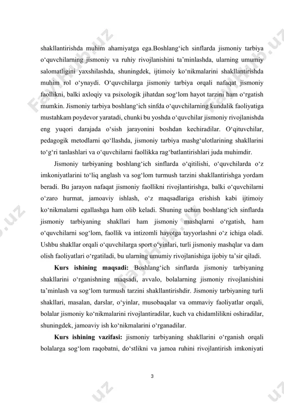 ush tarzini shakllantirishdir. jismoniy tarbiyaning turli shakllari, masalan, darslar, o‘yinlar, musobaqalar va ommaviy faoliyatlar orqali, bolalar jismoniy ko‘nikmalarini rivojlantiradilar, kuch va chidamlilikni oshiradilar, shuningdek, jamoaviy ish ko‘nikmalarini o‘rganadilar. kurs ishining vazifasi: jismoniy tarbiyaning shakllarini o‘rganish orqali bolalarga sog‘lom raqobatni, do‘stlikni va jamoa ruhini rivojlantirish imkoniyati beriladi. jismoniy tarbiya shuningdek, bolalarning hissiy va ruhiy holatini yaxshilashda ham muhim rol o‘ynaydi, chunki jismoniy faoliyat stressni kamaytiradi va kayfiyatni ko‘taradi. kurs ishining tarkibiy tuzilmasi:ushbu kurs ishi 1 ta bob,4 ta reja,xulosa va foydalanilgan adabiyotlardan iborat. ii.asosiy qism 1.1.boshlang‘ich sinflar jismoniy tarbiyaning maqsadi va vazifalari. jismoniy tarbiya — bu insonning jismoniy rivojlanishi, sog‘lomligini saqlashi va turli sport faoliyatlariga tayyorgarlik ko‘rishi uchun mo‘ljallangan tizimli mashg‘ulotlar majmuidir. jismoniy tarbiyaning maqsadi insonning jismoniy va ruhiy holatini yaxshilash, ularni jismoniy faollikka undash, sog‘lom turmush tarzini shakllantirishdir. bu jarayonda jismoniy tarbiyaning bir qancha vazifalari mavjud bo‘lib, ular insonning individual, ijtimoiy va psixologik rivojlanishida muhim ahamiyatga ega.jismoniy tarbiyaning asosiy maqsadlaridan …