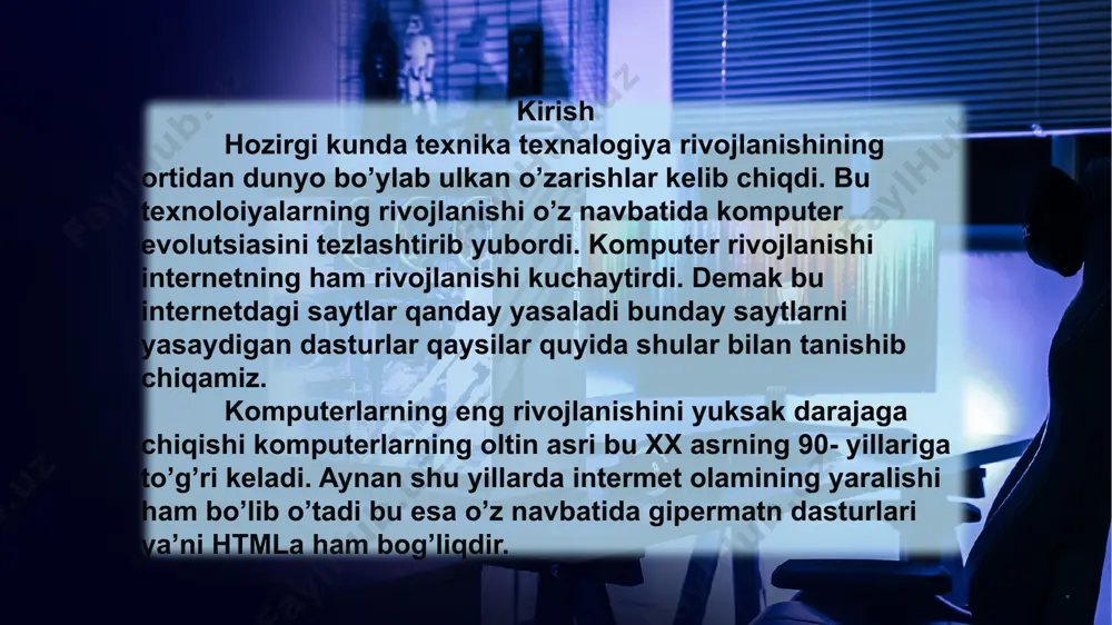 ladi, lekin teg nomidan oldinga slash qo'shiladi content goes here... matnni saqlashda .html formatidan foydalanish shart aks holda brauzerlar uni oddiy matn sifatida ochadi. html tarixi 1986 iso-8879 sgml 1991 cern html 1994 html 2.0 tayyorlash jarayoni (w3c)tomonidan 1995 mart html 3 + css ustida ishlash 1997 yanvar html 3.2 dekabr 1997 html 4.0 + css 2.0 24 dekabr 1999 html 4.01 2000 xhtml 1.0 2010 yil html 5.0 22 yanvar 2008 yil w3c rasman "html 5 ishlanish jarayoni haqida htmlda ranglar quyidagicha ifodalanadi. ... ... ... ... ... htmlda rasm o’rnatish uchun quyidai amal bajariladi: va ekranda quyidai rasm paydo bo’ladi. css ishlatilishi va uning tasnifi html web sayt yaratishning asosini tashkil qilsa ham bugungi kuna kelib bu dasturning faqatgina o’zidan foydalangan xolda sayt yaratilmaydi. chunki bu dastur orqali yaratilgan sayt e’tiborni o’ziga jalb qilolmaydi. shuning uchun hozirda websayt yaratishda html, css va bootstrapdan birgalikda foydalaniladi. css nima ? …