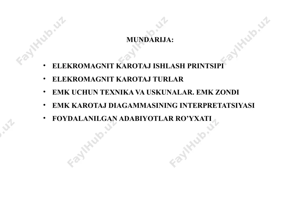 dlar ishlatilmaydi; - oqim chiziqlari-quduq o'qida joylashgan halqa doiralari. induksion karotaj ik zond sxemasi: 1-generator; 2-ishlab chiqaruvchi kartushkasi; 3-kuchaytirgich; 4 o'lchovli lasan; 5-shakllanishning halqa zonasi; 6-oqim liniyasi; 7-transduser. muammolarni hal qilish kam qarshilikli jinslarning kesimini o'rganish; qatlamning moyilligini aniqlash; yuvilgan shakllanish zonasi va kirish zonani o'rganish; ues qatlamlarini aniqlash. induksion karotaj ik zondining aniq o'tkazuvchanlik egri chiziqlari:a - yuqori qarshilik qatlami; b – past qarshilik qatlami. o-yozish nuqtasi, g-generator lasan, va - o'lchash lasan elektron magnit karotajlari ychikiz yuqori chastotali induksion karotajli izoparametrik zondlash ychikiz zondii l- zondning uzunligi, ∆l- zondning asosi uskunalar turli uzunlikdagi 5 ta uch g'ildirakli (1 ta generator va 2 ta o'lchash) zondlardan iborat. tadqiqot chuqurligiga zond uzunligini oshirish va elektromagnit maydon chastotasini kamaytirish orqali erishiladi. izo-parametriklik-barcha problarning bir xil ko'rsatkichlarini doimiy o'tkazuvchanlik qiymati bilan bir xil bir hil muhitda saqlash. elektromagnit karotaj zondi ychikiz chiziqlari ychikiz chiziqlari ychikiz chiziqlari dielektrik karotaj (dk) quduqlar kesimida toshlarning …