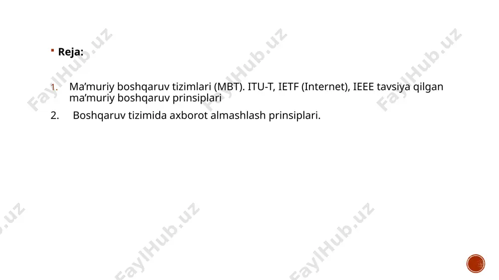 muayyan holatlarni monitoring va testlashgacha bo‘lgan ko‘p masalalarni qamrab oladi.(22). iso standartlariga u yoki bu sohada x seriyali xalqaro elektraloqa ittifoqi-elektr aloqa standartlashtirish sektori (mse-t, ingliz tilidagi adabiyotlarda- itu-t) muvofiq keladi. elektraloqa tarmoqlarini boshqarish turli nuqtai nazarlari m seriyali itu-tavsiyanomalarida, shulardan m.zoyu (23)tavsiyanomalari eng muhimi deb qayd etilgan. unda tmn (telecommunication management network) modeli ta’riflangan. m seriyali tavsiyanomalar o‘z asosida elektraloqa sohasidagi obyektlarning o‘ziga xos xususiyatlarini aniqlashtiradi va x seriyali tavsiyanomalarga, ya’ni isoning tarmoq bo‘yicha boshqaruviga to‘liq asoslanadi. bu yerda tarmoq boshqaruvining sodda protokoliga asoslangan internet boshqaruv tarkibini (simple network management protocol, snmp) qayd etish zarur. snmp so‘rov/javob, talab/javob, mijoz/serverga o‘xshash protokollardir. snmp (reg1157) 80-yillarda tcp/iptarmoqlarini boshqarish va monitoring qilish uchun tadbiq etilgan. snmpga asoslangan o‘z soddaligi va arzonligi bilan “agentlar” tarmoq boshqaruvi elementlari bo‘lgan ta’minlovchi-firmalarining ko‘pchiligida tadbiq etildilar.shuning uchun bu protokol xalqaro standart bo‘lmasa ham, internet tarmoqlarini boshqarish bo‘yicha de-fakto standarti bo‘lib qoldi. boshqaruv tizimida axborot almashish prinsiplari. umumiy …