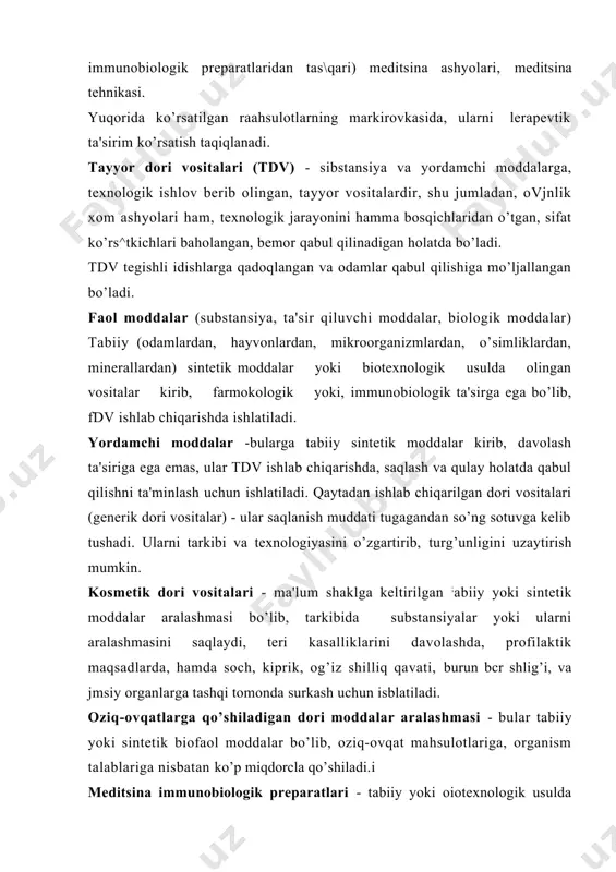 qo’shimchalar (bad) bo’lib, dezinfeksiyalovchi va insektitsid preparatlari, qaysiki ular dori v^sitalariga kirmaydi. ularga : labaratoriya diagnostikasi uchun ishlatiladigan vositalar, meditsiiiada ishlatiladigan buyumlar, sanitariya - gigiyena vositalari, mineral suvlar, parxez taomlar, bolalar uchun mo’ljallangan taomlar, optik vositalar, parfyumeriya mahsulotlari va boshqalar kiradi. nutritsevtik vositalar - bularga essensial, biologik faol moddalar (bad) kirib, organizmning asosiy komponentlaridan hisoblanadi (vitaminlar, mikro va makro elementlar, aminokislotalar, to’yingan yog’ kislotalari, ozuqa tolalari). t tar organizmni to’la qonli oziqlantirish, shu moddalar bilan to’yintirish, agar ularni sin szi ayrim sabablarga ko’ra zaiflashgan bo’lsa. qon preparatlari - bularga odam va hayvon qonidan tayyorlangan preparatlar kiradi. i . radiofarmatsevtik vositalar - bularga dori turi tarkibiga hech bo’imaganda bitta radionuklid kirililgan dori vositasi kirib, odamlarda ishlatishga mo’ljallangan bo’ladi. asosiy atama va tushunchalar berilayotgan ma'lumotlarni keyinchalik to’g’ri anglab olish uchun atamalarni shunday oqilona ishlatish kerakki, ular asosiy ma'no va mazmunni aniq ifodalashlari va ikkilamchi ma'no tushunchalariga yo'1 qo’ymasliklari kerak. bu bo’limda asl …