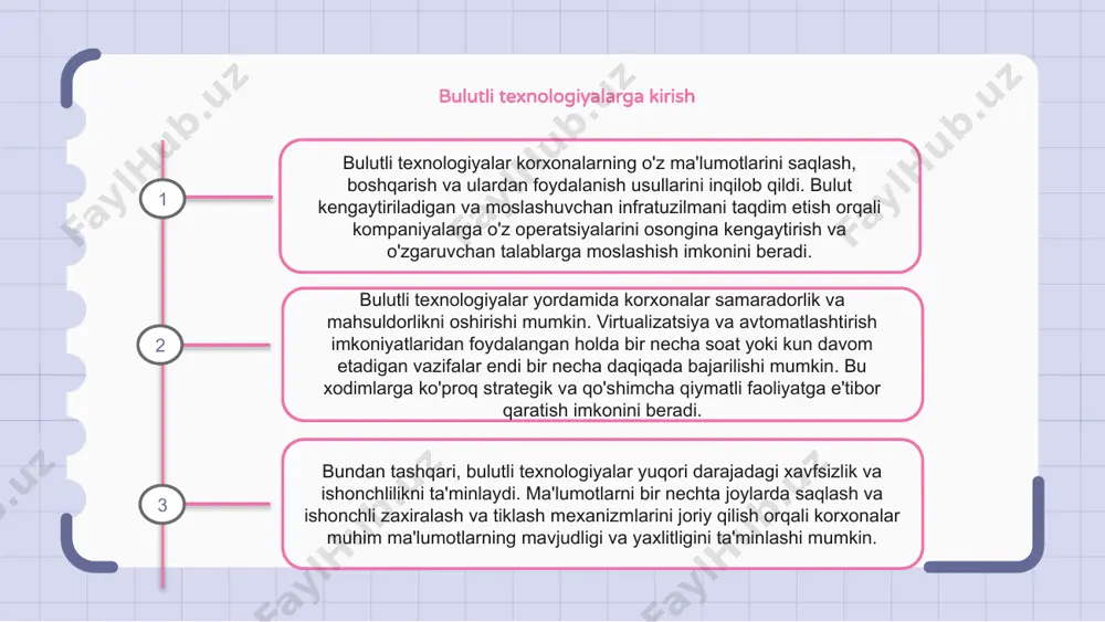 i buzilishi xavfini kamaytiradi. bulutli hisoblash platformalari bulutli hisoblash platformalari - bu foydalanuvchilarga virtual serverlar, saqlash va hisoblash resurslari bilan ta'minlaydigan internetga asoslangan texnologiyalar. ushbu platformalar korxonalar va jismoniy shaxslarga jismoniy infratuzilmaga ehtiyoj sezmasdan hisoblash resurslariga kirish va ulardan foydalanish imkonini beradi. bulutli hisoblash platformalaridan foydalangan holda, tashkilotlar kerak bo'lganda o'z resurslarini kattalashtirishi yoki kamaytirishi, faqat foydalanganlari uchun to'lashi va internetga ulangan istalgan joydan o'z ma'lumotlari va ilovalariga kirishi mumkin. bulutli xizmatlar turlari bulutli xizmatlarning uch turi mavjud: xizmat sifatida infratuzilma (iaas), xizmat sifatida platforma (paas) va xizmat sifatida dasturiy ta'minot (saas). iaas internet orqali virtual mashinalar, saqlash va tarmoq kabi virtuallashtirilgan hisoblash resurslarini taqdim etadi. paas ishlab chiquvchilar uchun infratuzilmani boshqarish haqida qayg'urmasdan ilovalarni yaratish va joylashtirish uchun platformani taklif qiladi. saas internet orqali kirish mumkin bo'lgan foydalanishga tayyor dasturiy ilovalarni taqdim etadi. bulutli xizmatning har bir turi turli darajadagi moslashuvchanlik, kengayish va qulaylikni taklif etadi, bu esa tashkilotlarga …