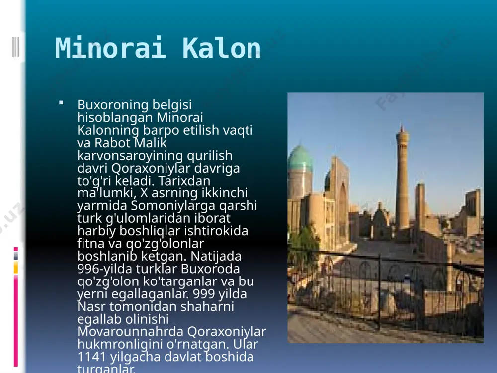 gan yirik g'ishtlar ishlatilgan, devorlari puxta qilib terilgandir. minorai kalon muxandis va me`mor baqo loyihasi asosida arslonxon qurdirgan (1127). m.k. o`rnida avval ham minora bo`lgan, u qulab tushgach, hozirgisi mustahkam qilib qayta qurilgan. poydevori tosh va maxsus qir qorishmasidan terilgan. yer sathidan 9 m chu-qur, bal. 50,0 m, kursisi qirrador, tanasi g`o`lasimon, tepasi gumbazli davra qafasa-ko`shk bilan bog`langan. minora yuqoriga ingichkalashib boradi va muqarnas bilan tugaydi. qafasasidagi 16 ravoqli darchalar orqali atrofni kuzatish mumkin. tepaga minora ichidagi 104 pilpoya aylanma zina orqali chiqiladi. masjidi kalon tomonidan minoraga o`tiladigan ko`prikcha bo`lgan. m.k.ning o`zagi ham, bezagi ham chorsi g`isht (27x27x4x5 sm) ganchxok lo-yida terilgan. bezak gishti o`rniga qarab turli shaklda, sirti silliq pardozlangan. buxoroga asos solinishi vobkent minorasi buxoro viloyati vobkent sh.dagi me`moriy yodgorlik (12-a.). o`n ikki qirrali supa asosga o`rnatilgan g`o`la (quyi qismining diametri 6,19 m, yuqori qisminiki — 2,81 m) shaklida rangdor, pishiq g`ishtlardan qurilgan. bir paytlar yonida mavjud bo`lgan …