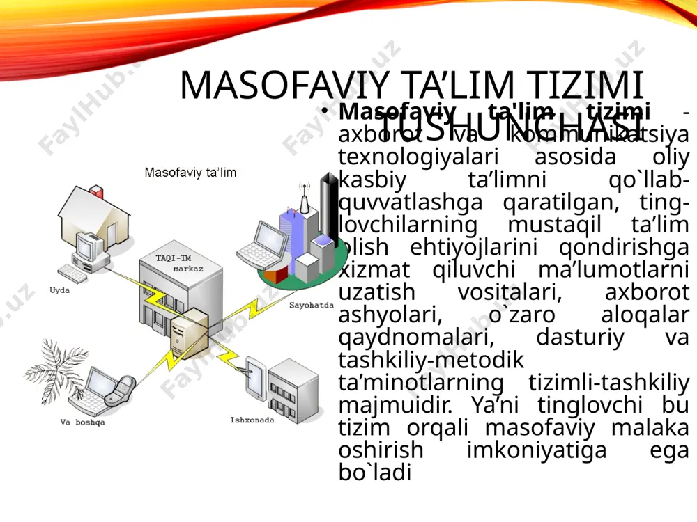 da qatnashuvchilari. masofaviy ta'limning asosiy texnologiyalariga quyidagilarni kiritish mumkin: interaktiv texnologiyalar: internet masofaviy ta'lim portali. video va audio konferentsiyalar. elektron pochta orqali ta'lim. internet orqali mustaqil ta'lim olish. uzoqdan boshqarish sistemalar. onlayn simulyator va o`quv dasturlar. test topshirish sistemalari. masofadan o'qitish uslubiy materiallari quyidagilardir: darslik audio va video darsliklar on-line darslar (internet sahifa) elektron kutubxonalar testlar multimedia elektron darsliklar taqdimot materiallari elektron darsliklar oddiy darslikdan elektron darslikning afzallik tomonlaridan biri u "intellektual" kuchga ega bo‘lishi bilan bir qatorda kerakli ma'lumotlarni o‘z vaqtida va joyida taqdim etish imkoniyatlari bilan farqlanadi. elektron darslik ma'lum bir predmet bo‘yicha hamma tegishli o‘quv materiallarini o‘zida ifoda etgan bo‘lishi kerak. uning intellektual darajada bo‘lishi esa o‘z navbatida, oddiy darslikka nisbatan bir qator afzalliklarni tug‘diradi. elektron kitobning strukturasi. elektron darslikning bahosi uning mavzularida berilayotgan ma'lumotlarning mazmunini boyitishga bog‘liq. elektron darslik bo‘yicha berilayotgan materiallarni quyidagi ko‘rinishda amalga oshirish mumkin: •matn ko‘rinishida bayon qilish. bu yerda qog‘ozdagi darslikdan farqli …