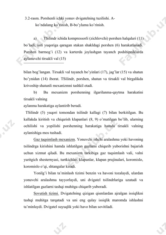 deb ataladi. tirsakli valning tayanch bo’yni va shatun o’qlari orasidagi masofa (r) ni krivoship radiusi deb ataladi. porshen yo’li krivoship radiusining ikki barobariga s=2r teng bo’ladi. porshen yuqorigi chekka nuqtadan pastki chekka nuqtagacha harakatlanganda hosil bo’lgan hajm (vsh) tsilindrning ishchi hajmi deb ataladi. u qo’yidagi ifoda bilan aniqlanadi. vsh=πd2s/4, m3 bu yerda: d - tsilindr diametri, m s - porshen yo’li, m porshen yuqorigi chekka nuqtada turganda, uning yuqorisida xosil bo’lgan hajm (vs) siqish yoki yonish bo’linmasining hajmi deb ataladi. porshen pastki chekka nuqktada turganda uning ustida hosil bo’lgan tsilindr bo’shlig’i (va) ni tsilindrning to’la hajmi deb ataladi. tsilindrning ishchi hajmi va yonish bo’linmasining hajmi qo’shilib, tsilindrning to’la (va) hajmini ifodalaydi. va=vc+vsh tsilindr to’la hajmining yonish bo’linmasining hajmiga nisbatini siqish darajasi deb ataladi. u qo’yidagi ifoda bilan aniqlanadi. va vh +vc vh 𐐩= = = +1 vc vc vc siqish darajasini qiymati: karbyuratorli dvigatellar 6,5-10 gacha; dizel dvigatellarida 14-21 ga …