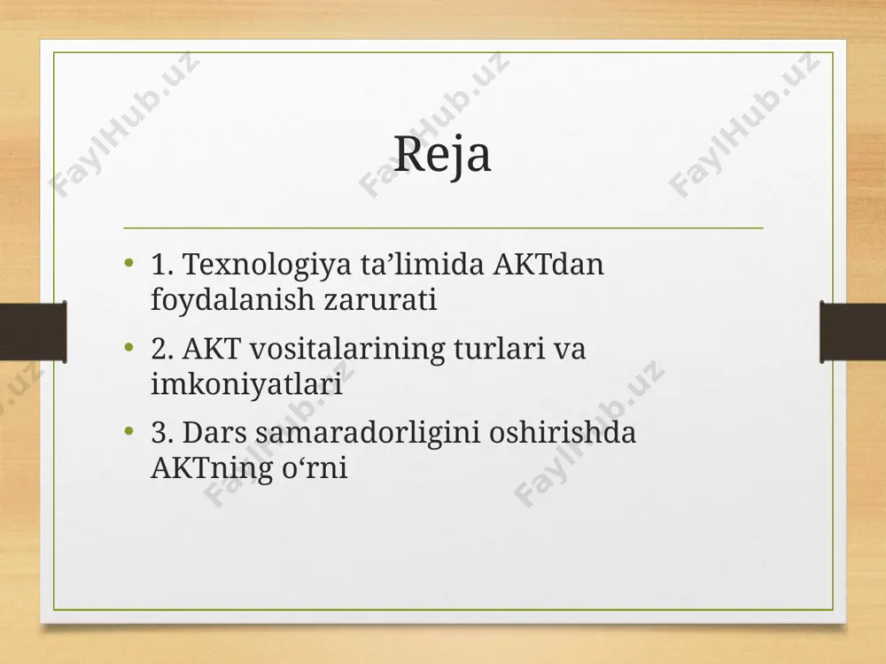 arajasiga mos kelishi hamda metodik qo‘llanmalar bilan ta’minlangan bo‘lishi. 6. akt asosida loyiha ishlarini tashkil etish o‘quvchilarning ijodiy fikrlashini rivojlantirishda akt asosida loyiha ishlari muhim rol o‘ynaydi. ular maxsus dasturlar orqali dizayn loyihalarini ishlab chiqadi, taqdimotlar tayyorlaydi, va real muammolar yechimiga yo‘naltirilgan ishlarda ishtirok etadi. bu orqali amaliy ko‘nikmalari mustahkamlanadi. 7. raqamli ta’lim resurslaridan foydalanish imkoniyatlari texnologiya fanida darslarni boyitishda raqamli ta’lim resurslari – elektron darsliklar, videodarslar, veb-saytlar va ilovalar katta imkoniyatlar yaratadi. masalan, autodesk tinkercad, sketchup kabi dasturlar bilan dizayn loyihalarini yaratish mumkin. 8. o‘quvchilarning raqamli savodxonligini oshirish aktdan foydalanish nafaqat dars mazmunini boyitadi, balki o‘quvchilarda raqamli savodxonlikni shakllantiradi. ular kompyuter savodxonligi, internetdan to‘g‘ri foydalanish, fayllarni saqlash va uzatish, raqamli xavfsizlik asoslarini o‘rganadi. 9. akt vositalari orqali differensial ta’limni amalga oshirish darsda akt vositalari yordamida differensial yondashuvni joriy qilish mumkin. o‘quvchilar o‘z qiziqishi va darajasiga mos topshiriqlarni raqamli platformalar orqali bajaradi. bu usul har bir o‘quvchining individual rivojlanishini ta’minlaydi. …