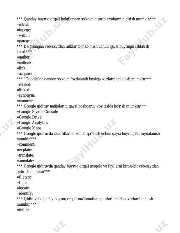 dizaynini o'zgartirish =aniq maqolalarni to'plash =foydalanuvchilarga eng mos va foydali natijalarni taklif qilish =saytlar orasidagi aloqalarni chegaralash *** qidiruvda qanday operatorlardan foydalanish mumkin*** =site: =link: =browse: =explore: *** qidiruv natijalari qaysi xususiyatlarga ega bo'ladi*** =ranglangan saytlar yuqori o'rinda ko'rinadi =ma'lumotlarni qisqa va aniqligi bo'yicha taqsimlash =qandaydir bir maqola to'plami bo'yicha taqdim etiladi =saytning dizayni va rangi *** qidiruvda "filetype:" operatori qanday ishlaydi*** =foydalanuvchining izlagan fayl formatini aniqlaydi =saytni bloklaydi =saytning ip manzilini aniqlaydi =foydalanuvchilarni maqolalarini tekshiradi *** qidiruv natijalarini personalizatsiya qilish uchun qaysi vositadan foydalaniladi*** =google drive =google maps =google account =google analytics *** "google doodle" nima uchun yaratiladi*** =grafik dizayn tanlov uchun =ma'lumotlar bazasini yengilish uchun =ma'noli tarixi tadbir uchun =google search natijalarini o'zgartirish uchun *** qidiruvda foydalanuvchining so'rovini tasdiqlash uchun qaysi vositadan foydalaniladi*** =google drive =google maps =google recaptcha =google analytics *** qidiruvda qanday buyruq orqali sayt ichidagi ma'lumotlarni aniqlash mumkin*** =site: =find: =explore: =detect: *** learningapps nima*** …