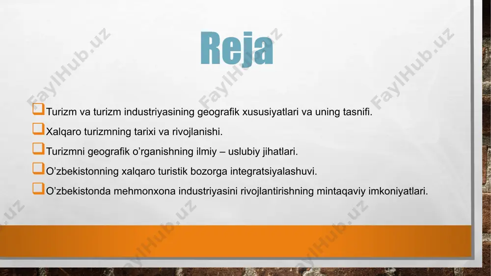 sayyoh» deb, r. abdumalikovning fikricha, turizm sayohat paytida «tur» (belgi) o’rganish degan ma’noni bildirib, tog’, adirlar va uzoq masofalarga sayohat qilish, oxirgi manzilga belgi qo’yib kelish yoki cho’qqiga chiqqanlikni bildirish uchun biron belgi qo’yishni anglatadi, deb ta’riflaydi. bu fikr ko’proq maktab o’lkashunosligi va turizmi bilan bog’liqdir. vebster lug’atiga ko’ra «turist» so’zi – xursandchilik yoki qiziqadigan sayohatga chiqadigan odam, deb ifodalanadi. xix asrdagi lug’atda esa «odamlar xursandchilik uchun, qiziquvchi va boshqa ishlari yo’qligida sayohatga chiqadilar» yoki «odamlar kiyim boshqalarga maqtanish uchun sayohatga chiqadi» degan ifodalarni o’qish mumkin. bir mamlakatdan ikkinchi mamlakatga safarga borib, kamida 24 soat ichida o’sha yerda turib, sayyohlik xizmatidan foydalangan kishiga aytiladi. agar kishilarning ana shu muddat davomida mamlakat hududining boshqa joyida o’zi yashab turgan manzildan tashqarida bo’lishi mahalliy turizm deyiladi. turizm industriyasi –buo’zaro bog’langan shunday tashkilotlar va tadbirkorlarki, ular turistlar iste’mol qilishi va turizm jarayonini yurgazish uchun kerakli xizmat, mehnat va mahsulotlar yig’indisidan iboratdir. turizm industriyasi mehmonxona …