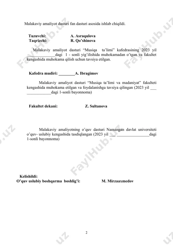 rishda zarur bilim, malaka va ko’nikmalar bilan qurollantirish; - talabalarni dars jarayonida ta’limiy, tarbiyaviy va rivojlantirish vazifalarini bir butunlikda qo’yish va amalga oshira bilishga o’rgatish; - ularni ma’naviy- ma’rifiy ishlarni tashkil etish va olib borishga o’rgatish; - pedagogik tajribani tahlil etish, ilg’orlar tajribalarini umumlashtirish, uni o’z faoliyatiga tadbiq etish malakasini shakllantirish; - talabalarda o’z ustida ishlash, mustaqil ta’lim olish, zarur adabiyotlarni tanlay bilish va o’rganish ko’nikmasini hosil qilish. malakaviy amaliyot talabalarning umumpedagogik, metodik va ixtisoslik fanlaridan olgan nazariy bilim, malaka va ko’nikmalariga asoslanadi. malakaviy amaliyot vazifalar: 1. amaliyotchi-talabalarning oliy o’quv yurtida egallagan bilimlarini mustahkamlash va o’quvchi-talabalar bilan olib boriladigan dars, darsdan tashqari ta’lim-tarbiyaviy ishlar amaliyotida tadbiq etishni o’rgatish. 2. amaliyotchi – talabalarda uzluksiz ta’lim muassasalarida taьlim-tarbiya ishlar tizimini har tomonlama o’rganish, dars, darsdan tashqari turli ko’rinishdagi ta’lim-tarbiya tadbirlarni kuzatish va tahlil, o’quv-malakalarini takomillashtirish. 3. talabalarda dars, darsdan tashqari ta’lim-tarbiya ish turlarini maqsadga muvofiq rejalashtira olish o’quv malakalarini shakllantirish. 4. o’quv …